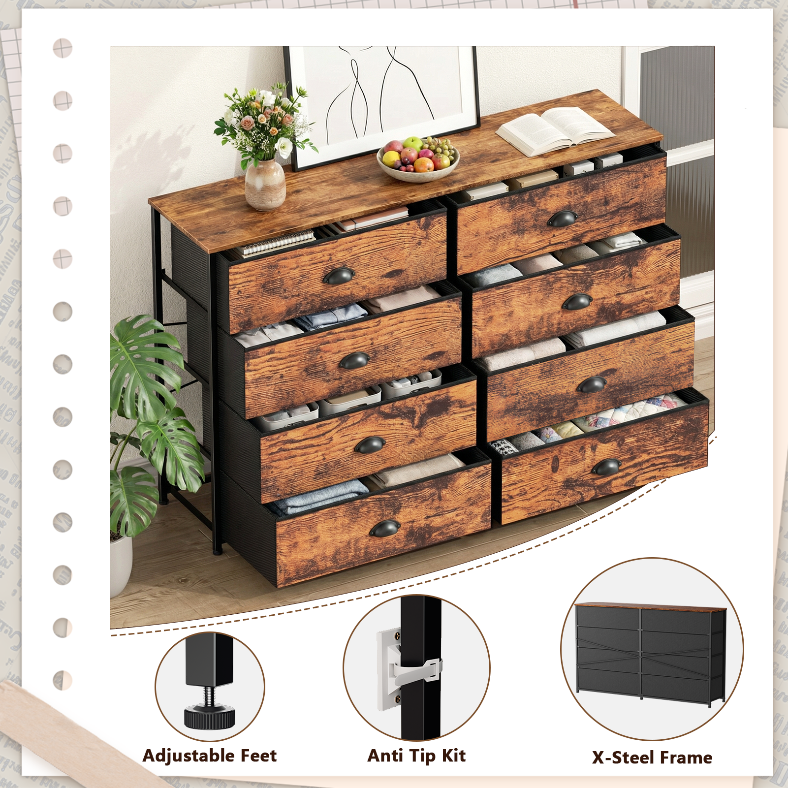 Long Double Dresser 8 Fabric Drawers TV Stand for 55 Inch TV Bedroom Storage Chest Media Console Wide Organizer Unit for Closet Office Nursery