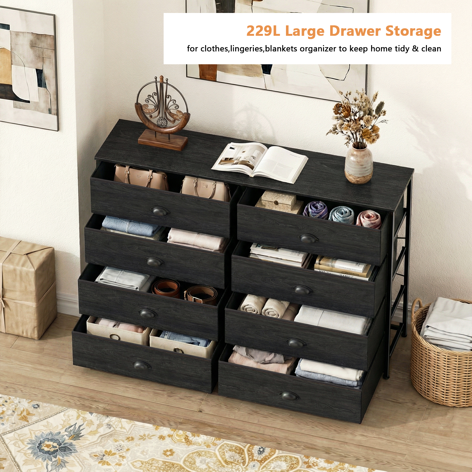 Wide 8 Drawer Dresser TV Stand for 55 Inch TV Entertainment Center Media Console Fabric Storage Chest Bedroom Living Room Organizer Unit Wood Top