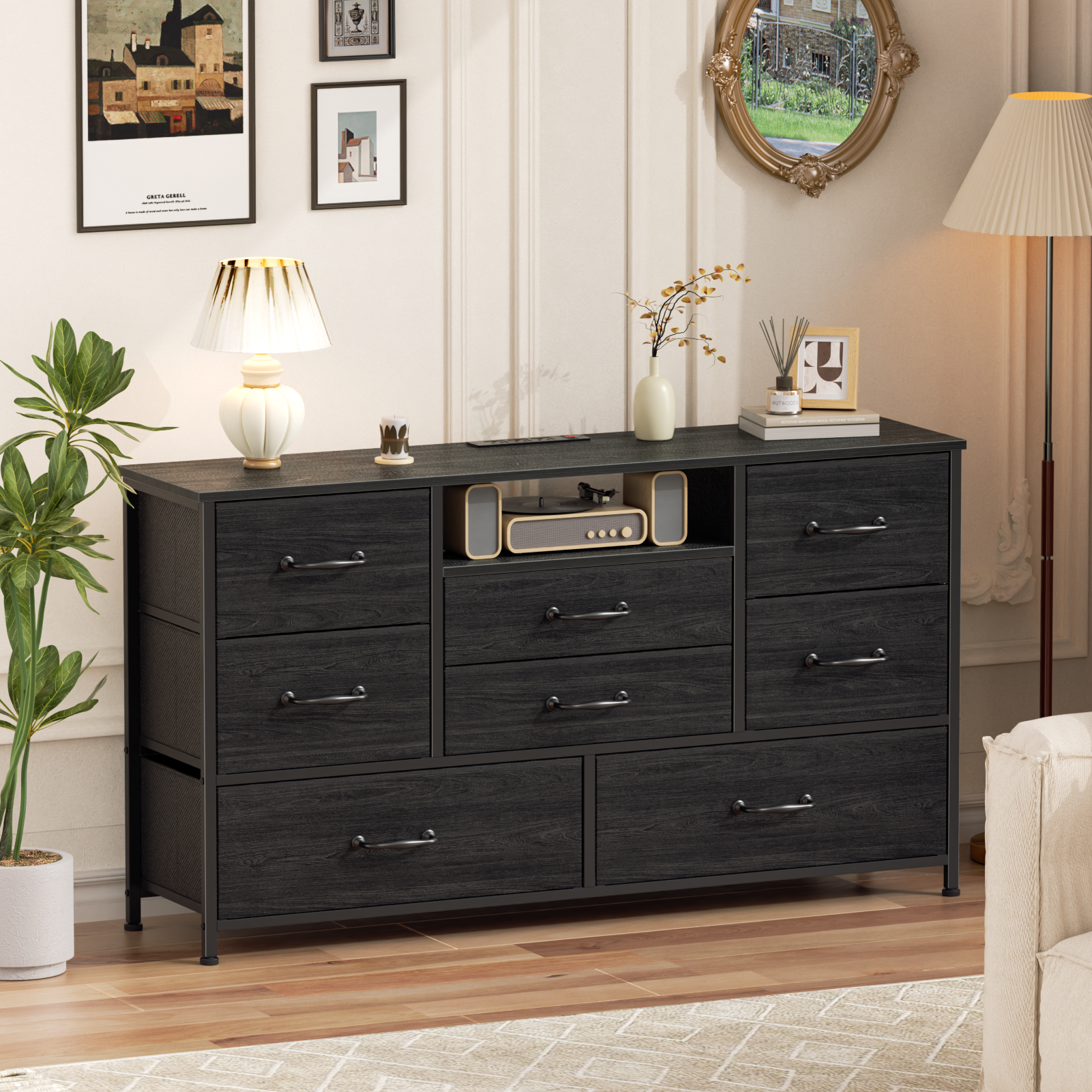 50 inch TV Stand with 8 Drawers Dresser for Bedroom Charging Station and Open Wood Shelves Fabric Storage Tower Organizer Chest for Closet Black