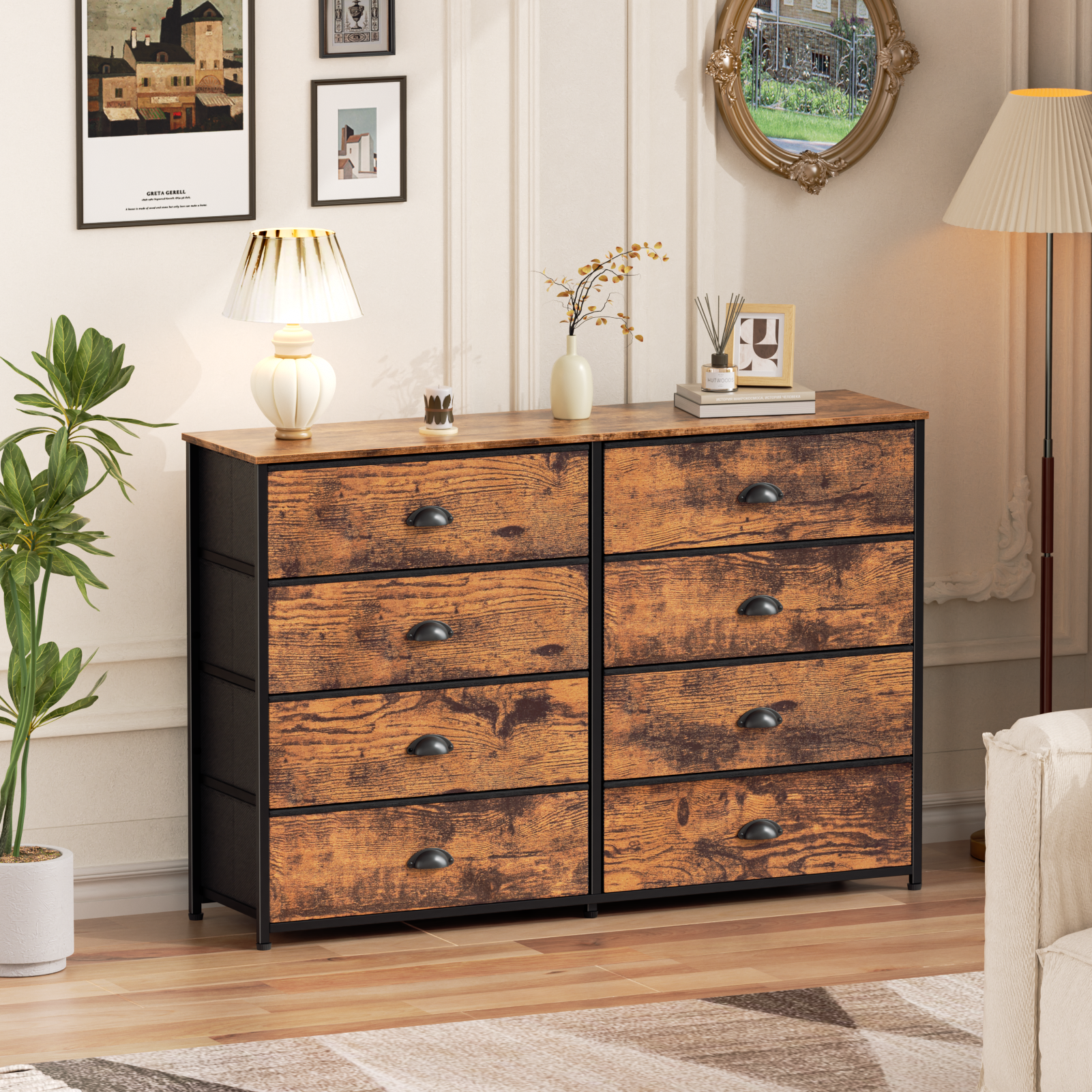 Dresser for Bedroom TV Stand for 55'' TV Wide Storage Drawer Unit with 8 Fabric Bins Double Dresser for Bedroom Office Dorm Closet Entryway Wood Top