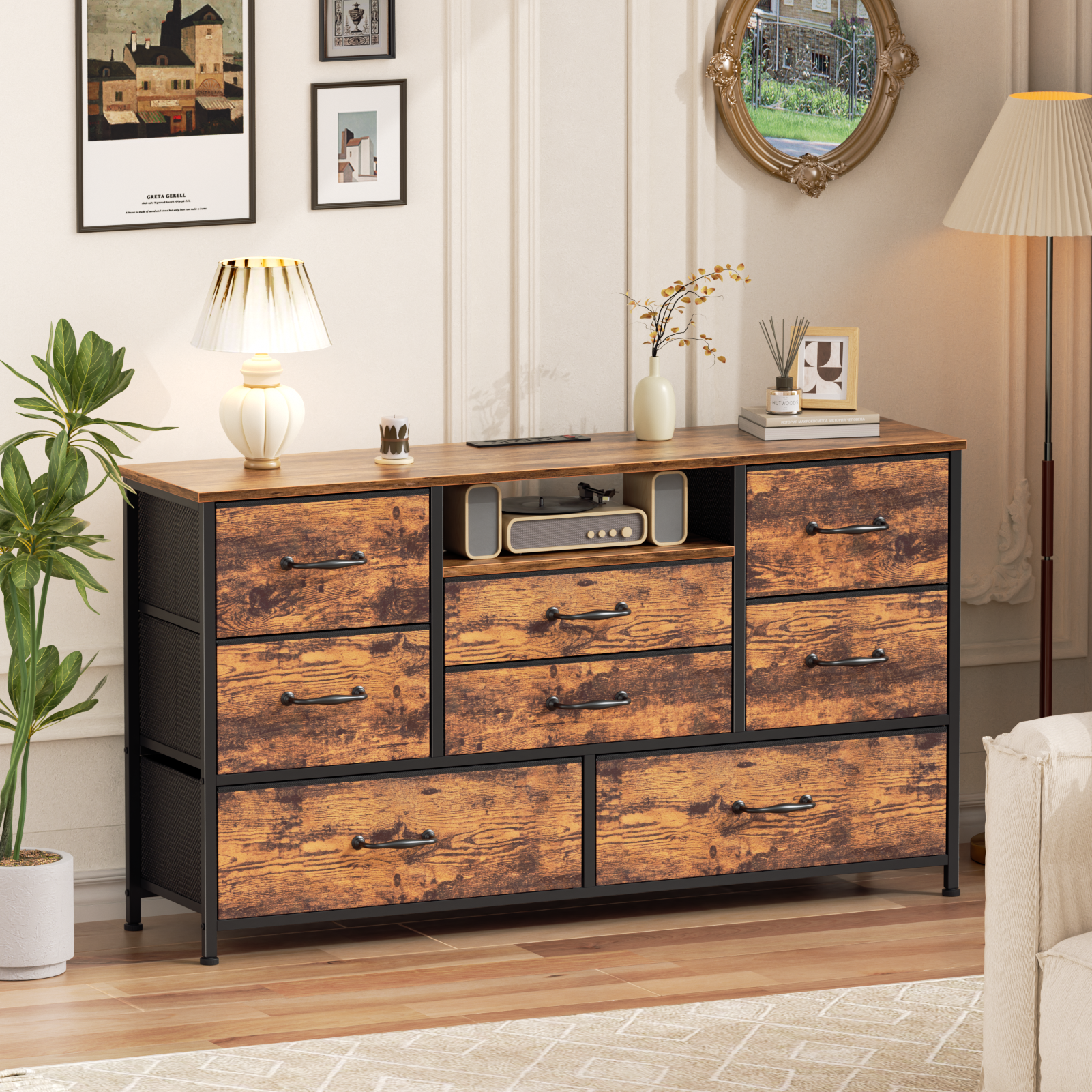 Wide Rustic Brown 8 Drawer Dresser with Power Outlets Fabric Storage Chest of Drawers Open Shelf Organizer Unit Bedroom Living Room