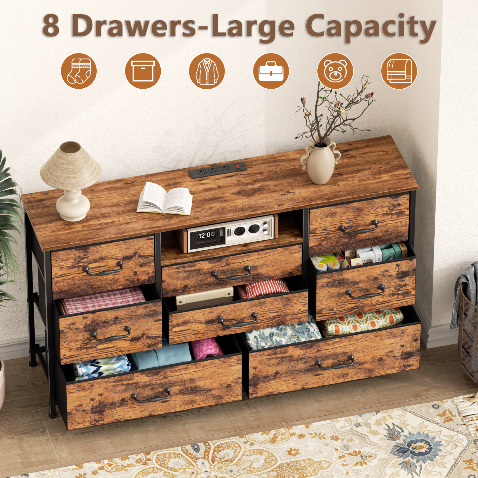 Wide Dresser with Power Outlets 8 Fabric Drawers Chest for Bedroom Closet Storage Organizer 50 Inch TV Stand Media Console Table with Shelves Brown