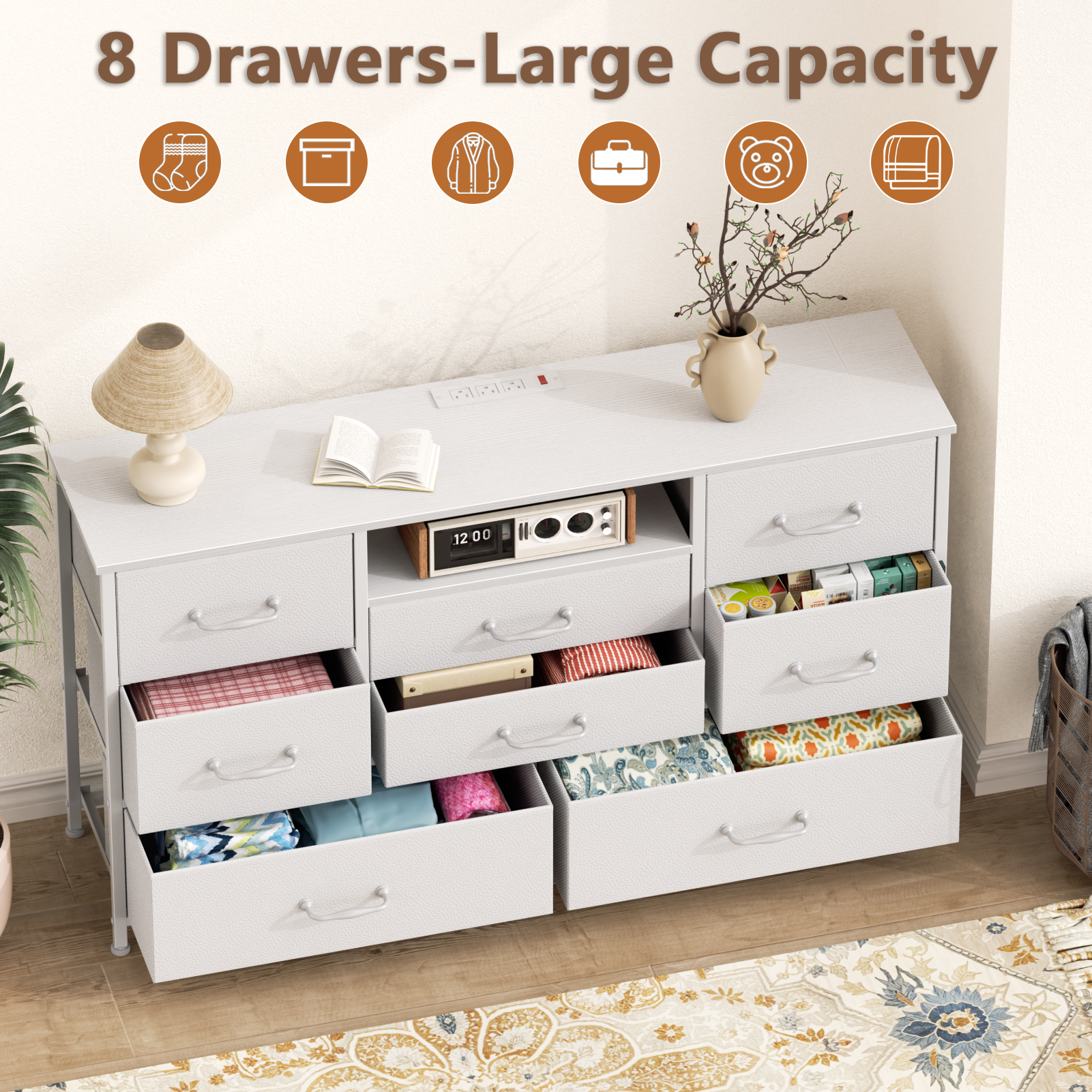 White 8 Drawer Dresser with Charging Station TV Stand for 50 Inch TV Open Shelves Fabric Storage Chest Media Console Bedroom Organizer