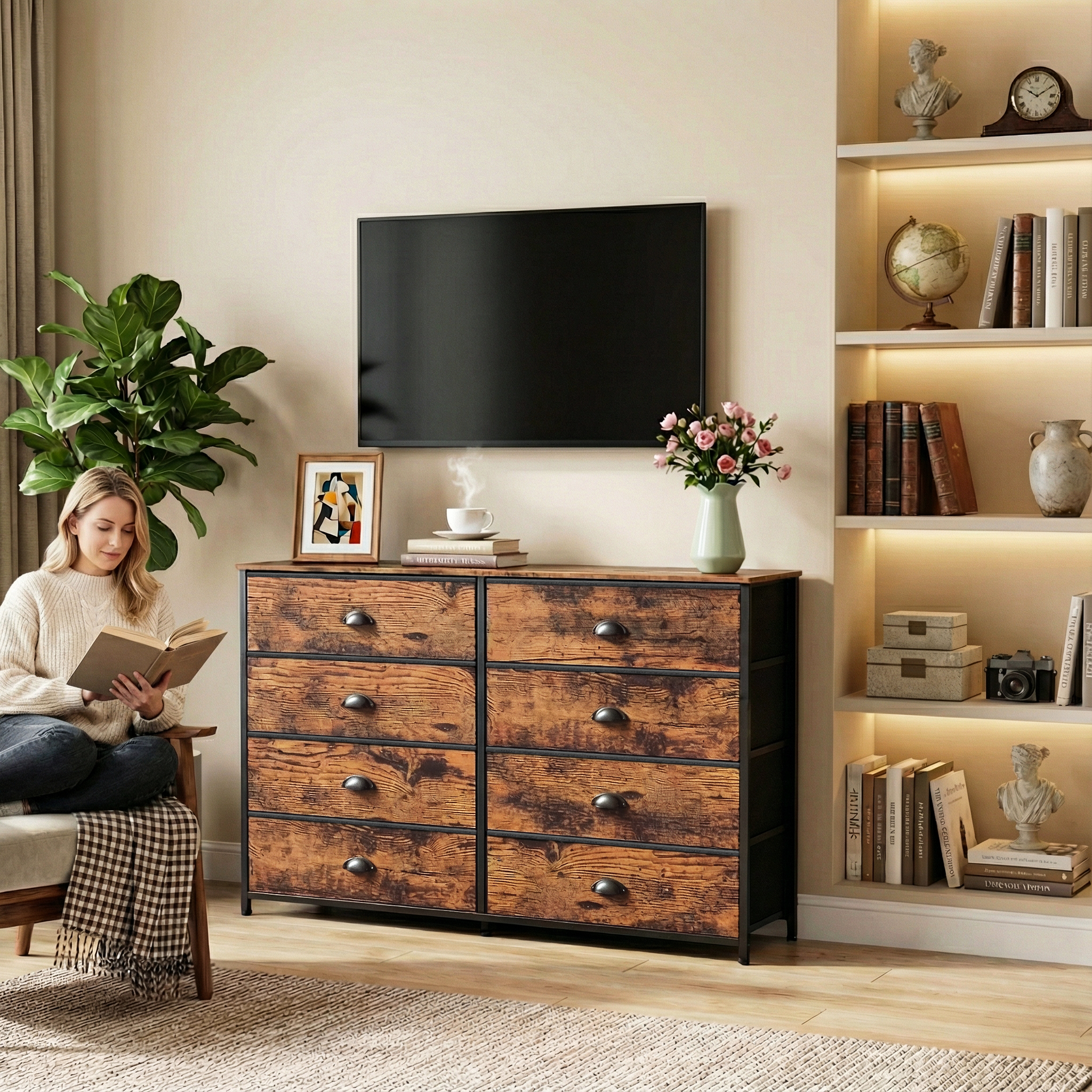 Long Double Dresser 8 Fabric Drawers TV Stand for 55 Inch TV Bedroom Storage Chest Media Console Wide Organizer Unit for Closet Office Nursery