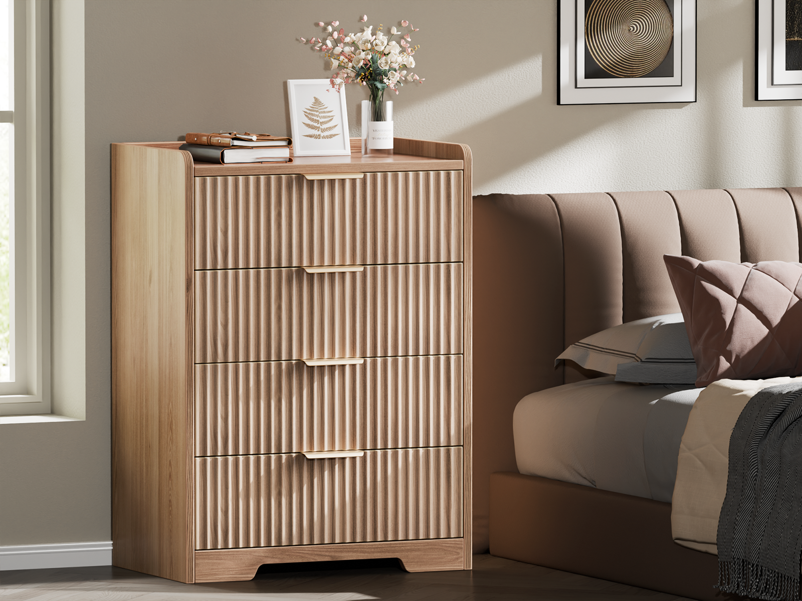 Furnulem Modern Ribbed 5-Drawer Chest – Wood Grain Bedroom Storage Dresser