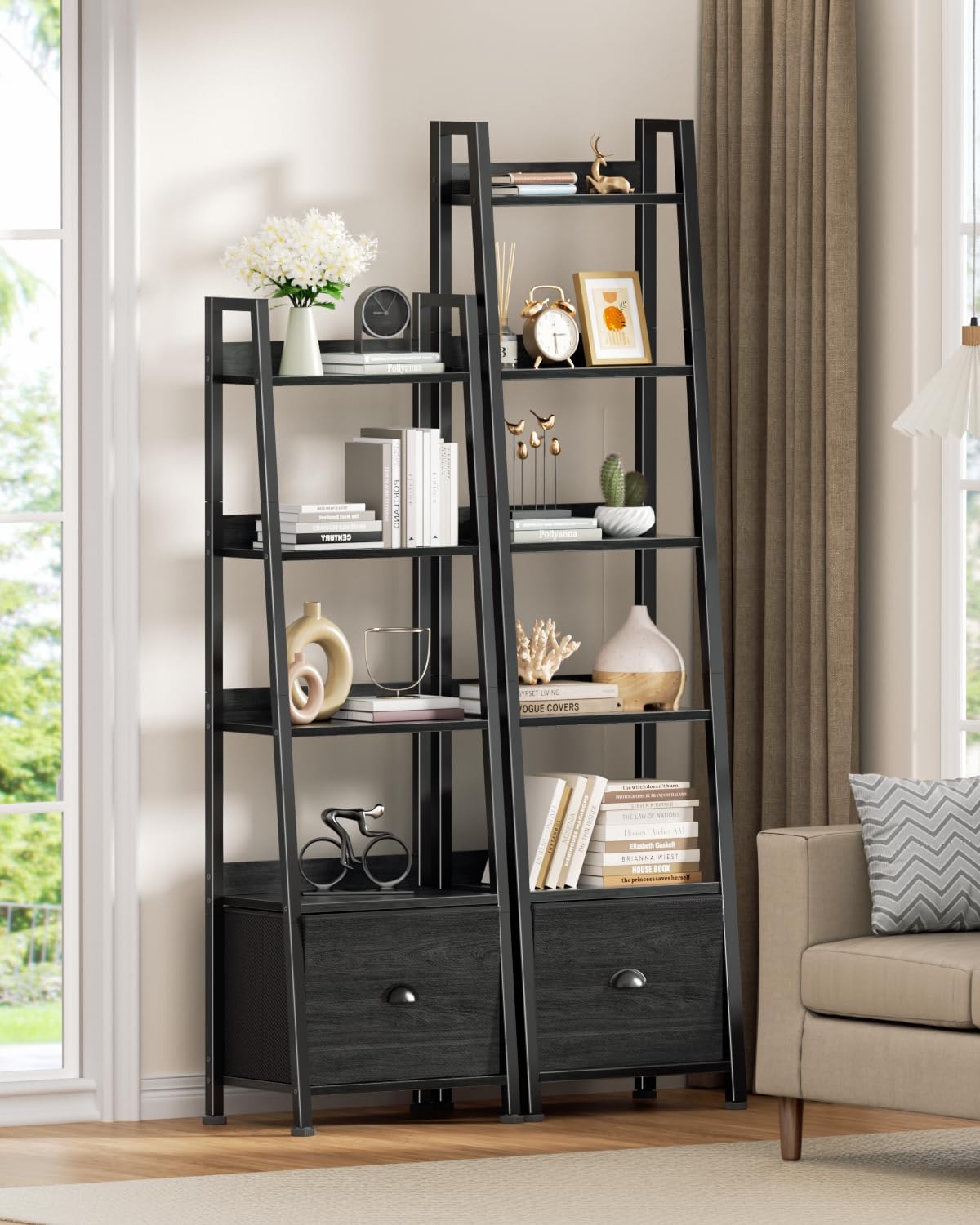 Qwatto Black 6 Tier Ladder Bookshelf with Drawer Tall Industrial Wood Metal Freestanding Storage Rack Etagere Display Bookcase for Home Office Rooms