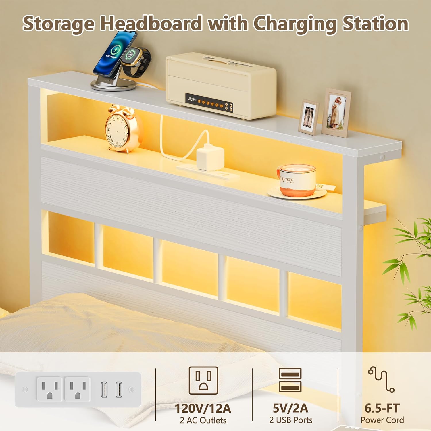 Furnulem Twin Bed Frame with LED Lights & Charging Station, Wood Headboard with Storage, No Box Spring Needed