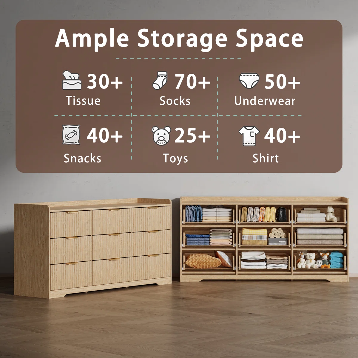 9 Drawer Dresser 57.9''w Wood Wide Chest Of Drawers With Metal Handle Organizer Wooden Cabinet with Anti-Tip Safety for Living Room Hallway entryway