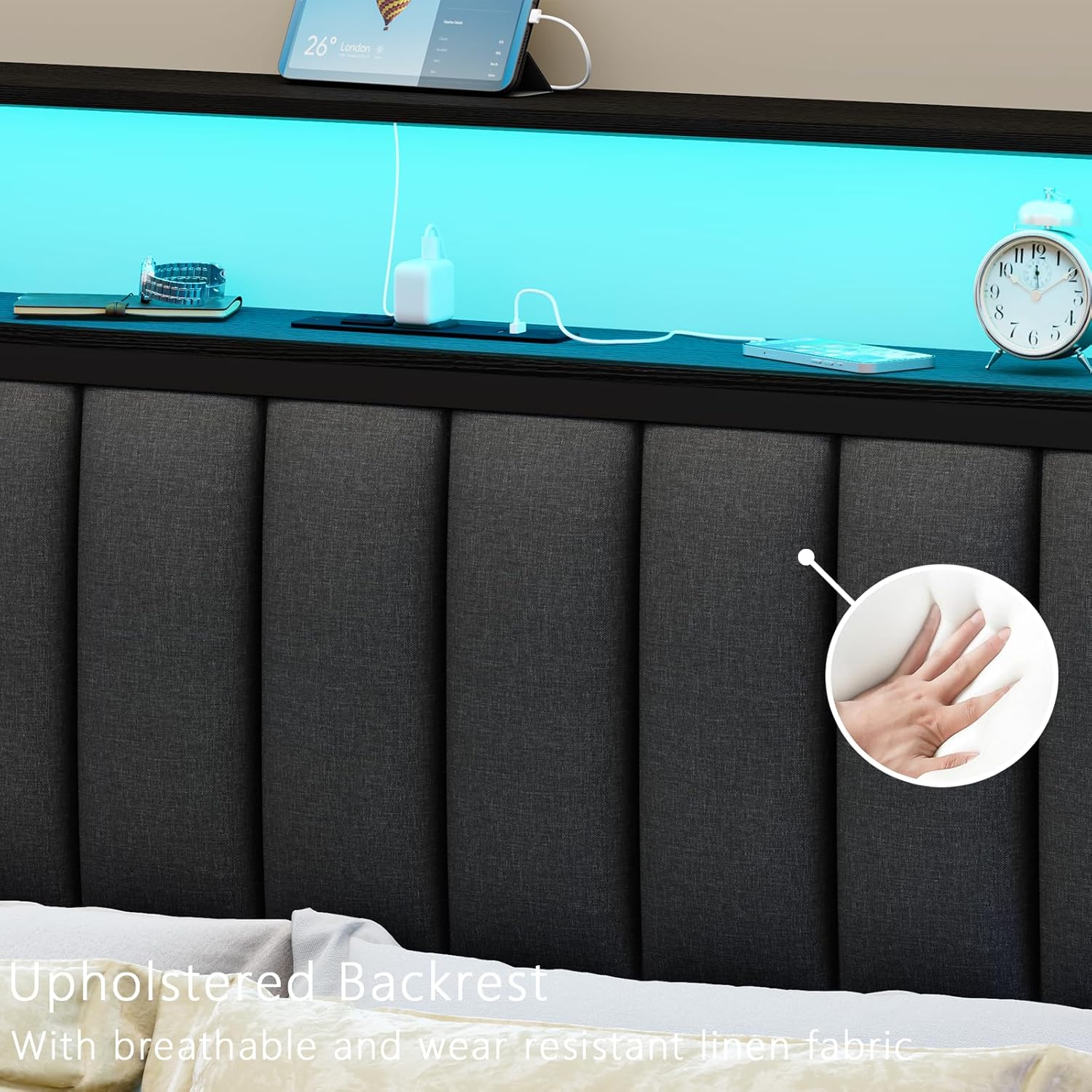 Furnulem Full Size Bed Frame with Charging Station and LED Lights Platform Bed with Metal Slats Grey Upholstered Headboard with 2-Tier Storage Shelves No Box Spring Needed