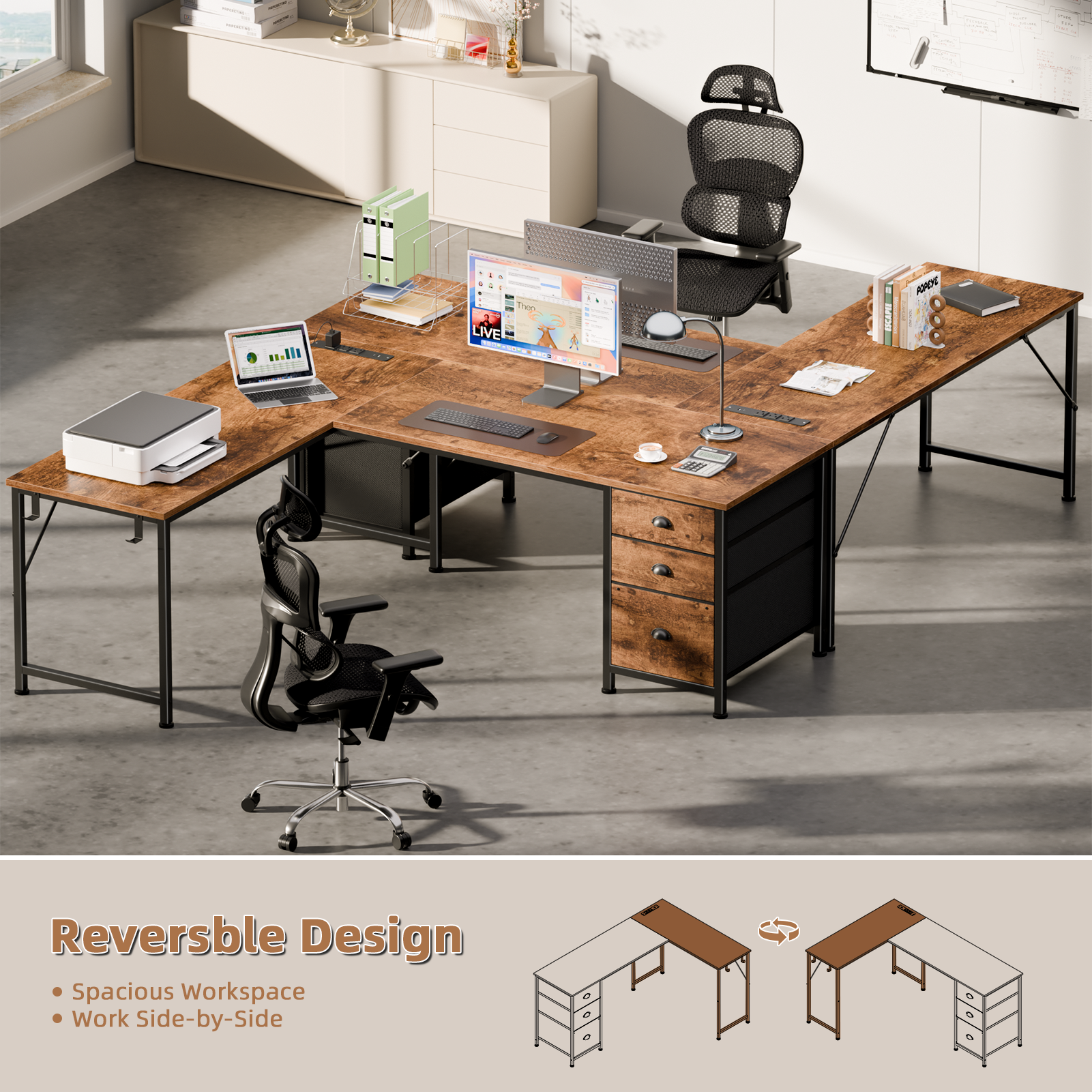 Qwatto Brown 63 Inch L Shaped Corner Computer Desk with Power Outlets and USB C Ports File Fabric Drawers Storage Workstation for Home Office Rooms