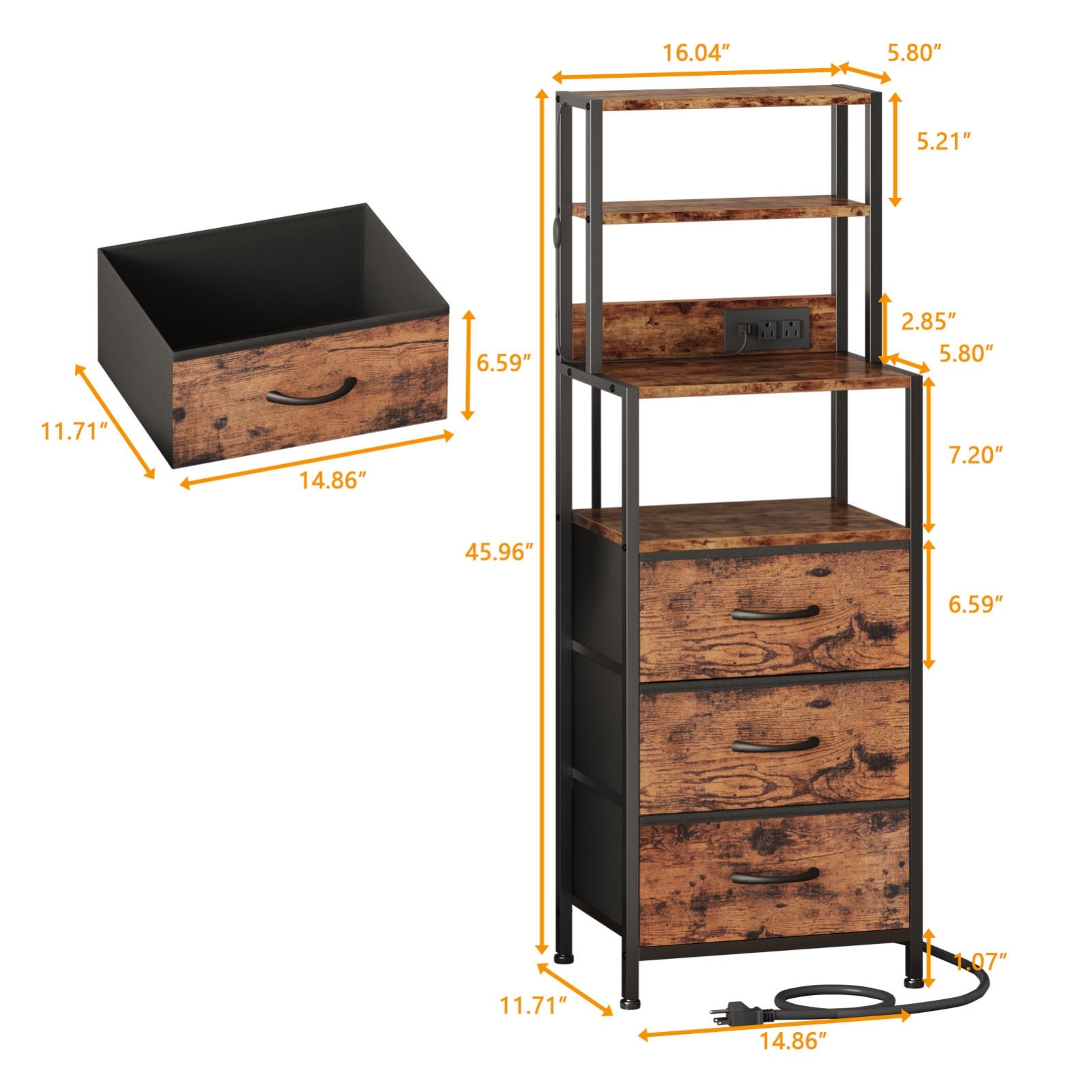 Furnulem Night Stand, Tall Nightstand with 4-Tier Shelves and 3 Fabric Drawers