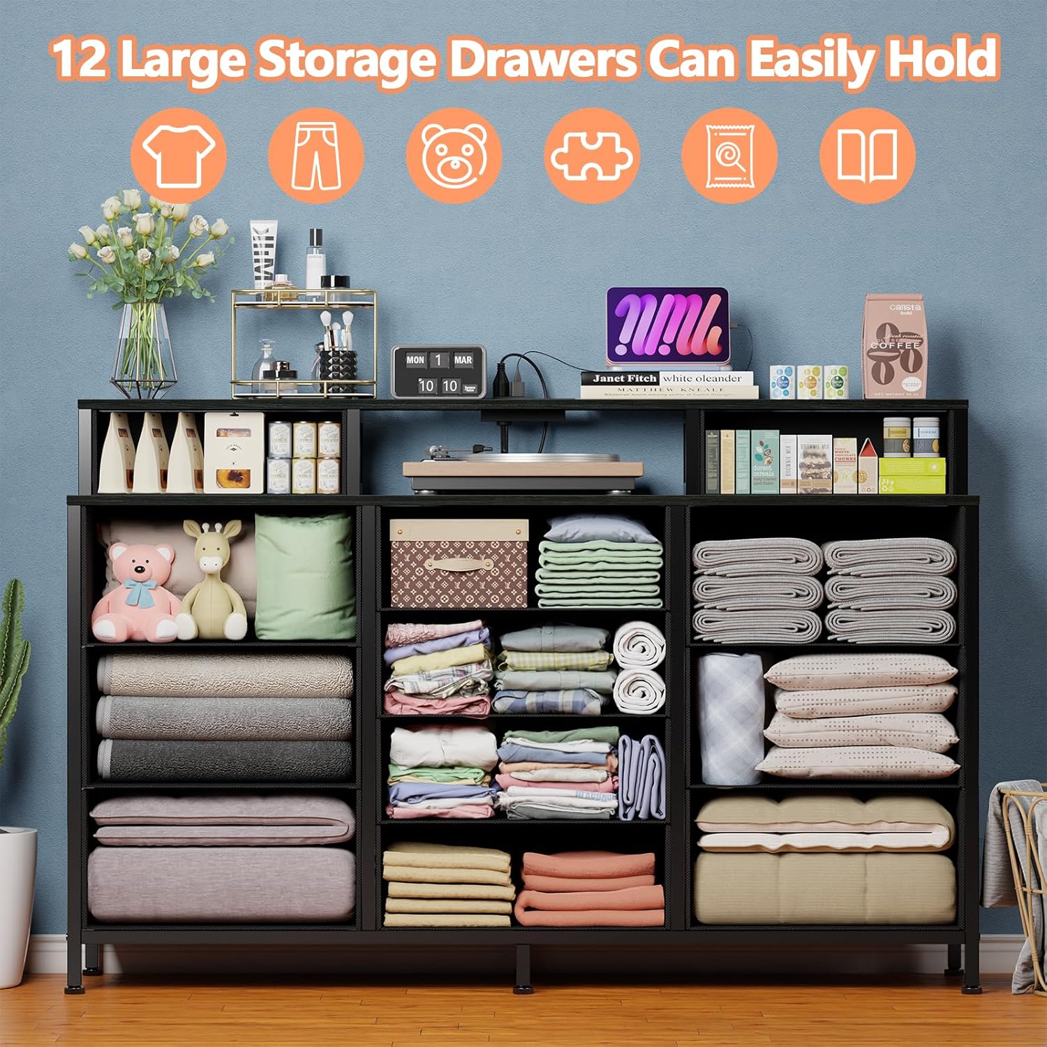 Furnulem 55" W Dresser for Bedroom with LED Lights and Power Outlets Black Large 12 Storage Drawers Long Fabric Chests Dressers with 2 Shelves