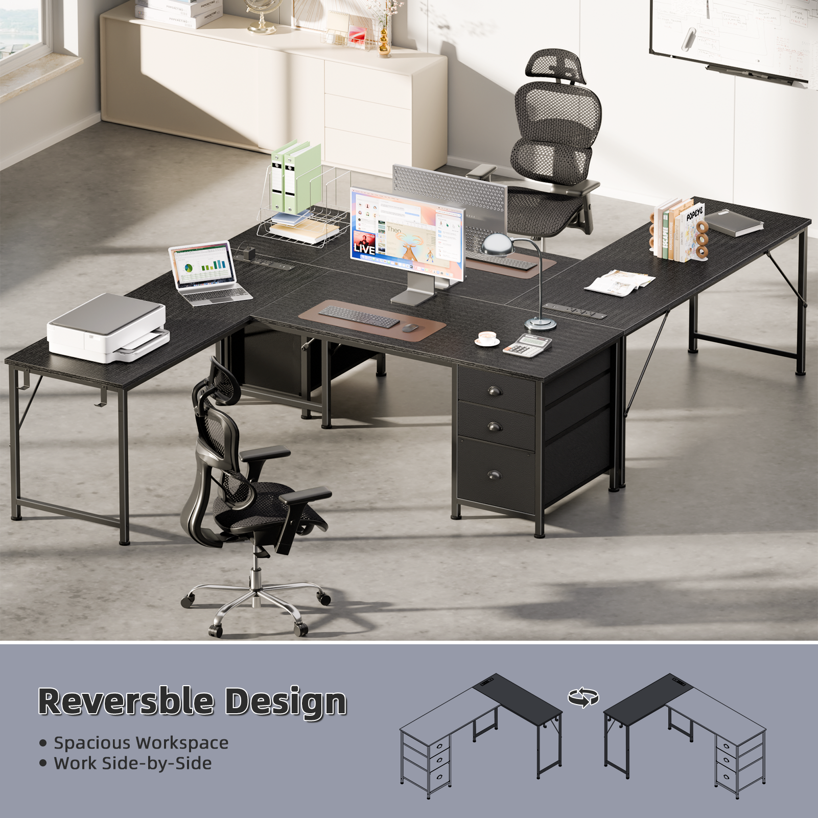 Qwatto 63 Inch L Shaped Gaming Desk Black Computer Corner Table with Power Outlets USB C Ports File Fabric Drawers Large Storage for Writing Bedrooms