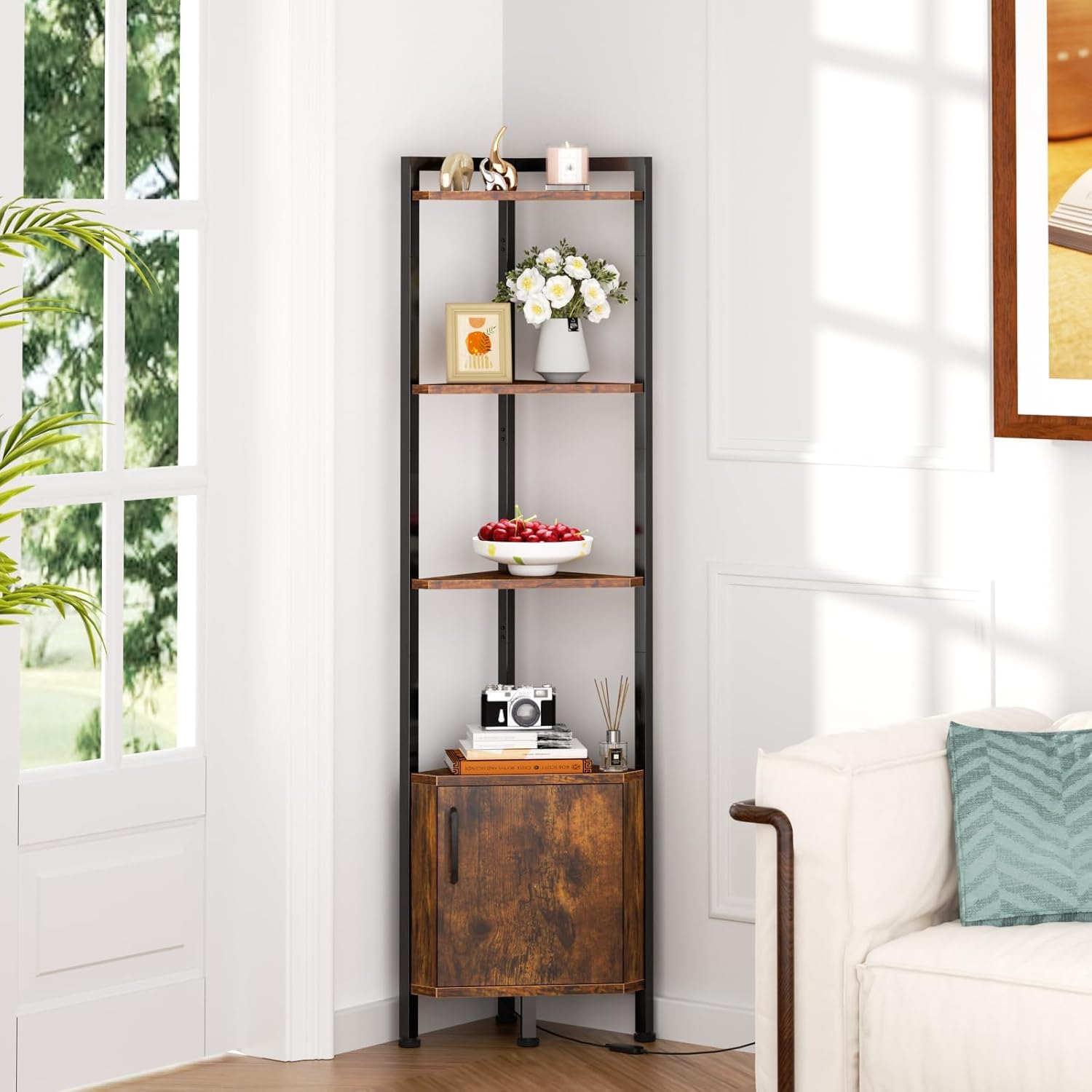 Furnulem 5-Tier Corner Shelf with LED Light, Standing Display Bookshelf with Storage for Bedroom, Living Room, Kitchen