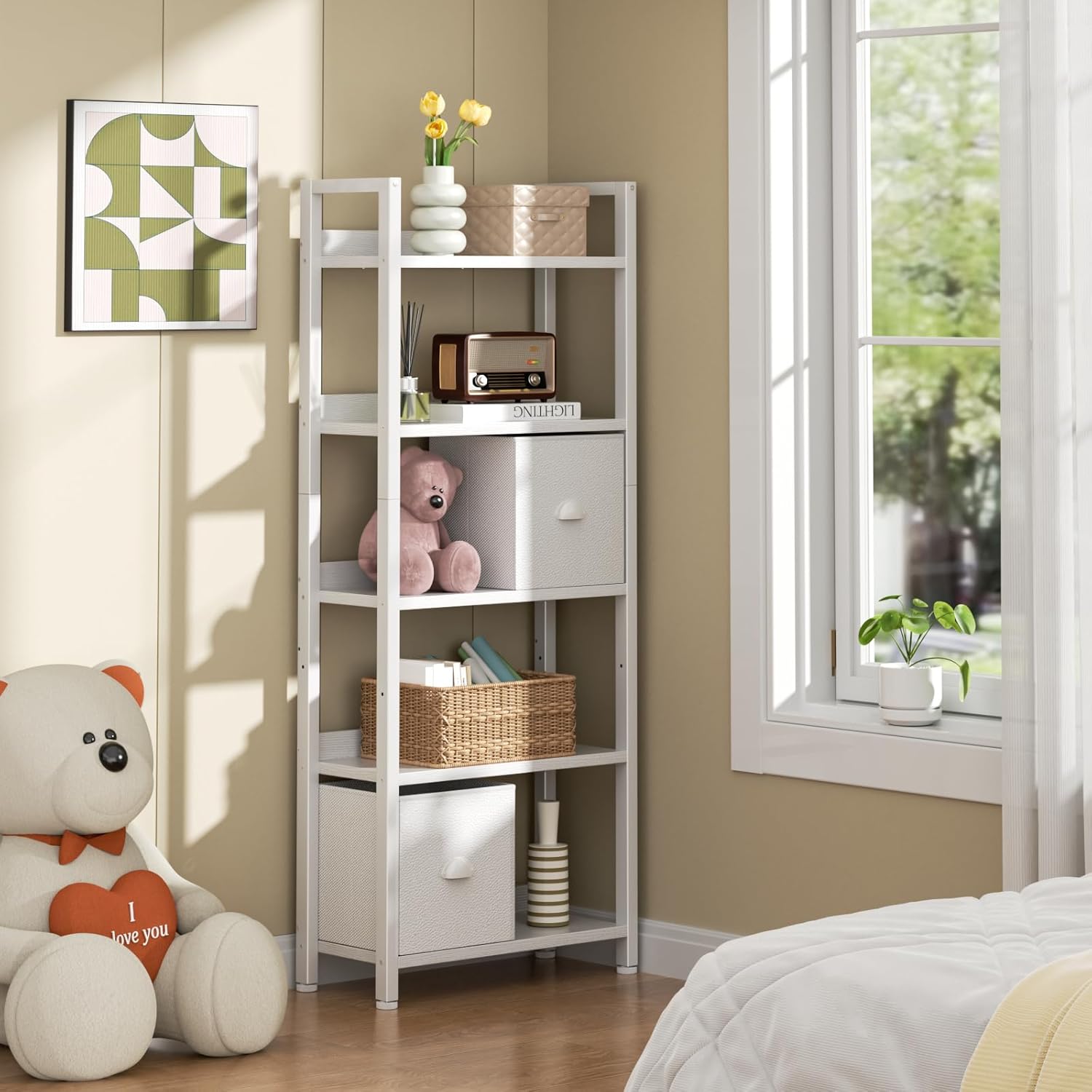 Qwatto 5 Tier Bookshelf with Drawers White Tall Wood and Metal Bookcases Modern Industrial Storage Organizers Display Shelving Unit Office Furniture