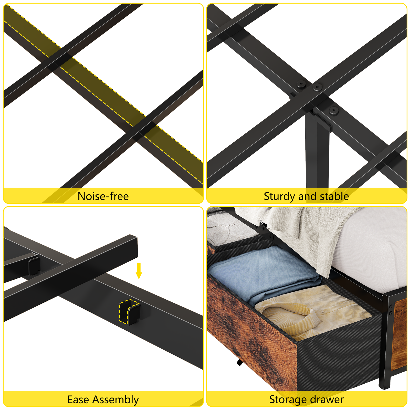 Queen Bed Frame with 6 Storage Drawers Metal Platform Bed Frame with 2-Tier Storage Headboard LED Built in Charging Station No Box Spring Needed