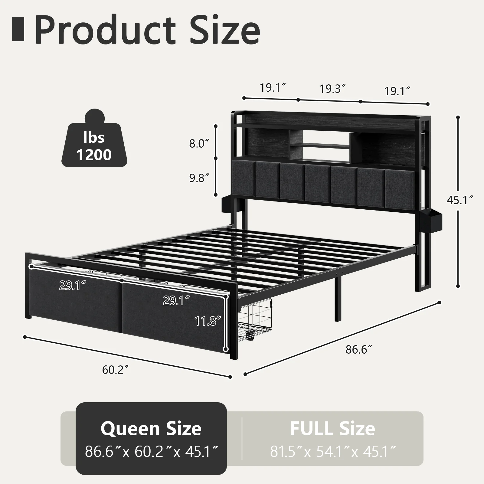 Furnulem Queen Bed Frame with Storage Drawers Upholstered Headboard with LED Light Charging Station Metal Platform Bed Frame No Box Spring Needed