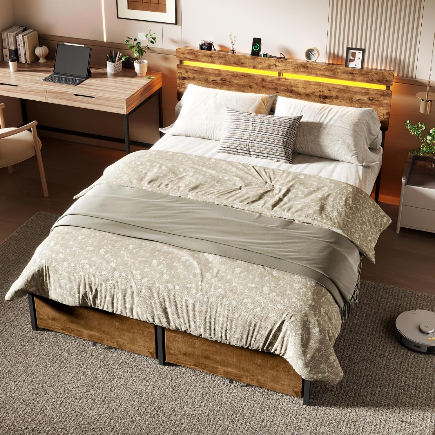 Queen Bed Frame with Wood Headboard Metal Platform Bed with 2 Storage Drawers Shelf Built-in Charging Station LED Lights No Box Spring Needed