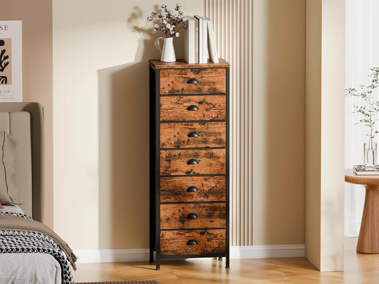Furnulem 7-Drawer Tall Dresser – Industrial Fabric Storage Tower with Steel Frame for Bedroom, Closet, or Entryway