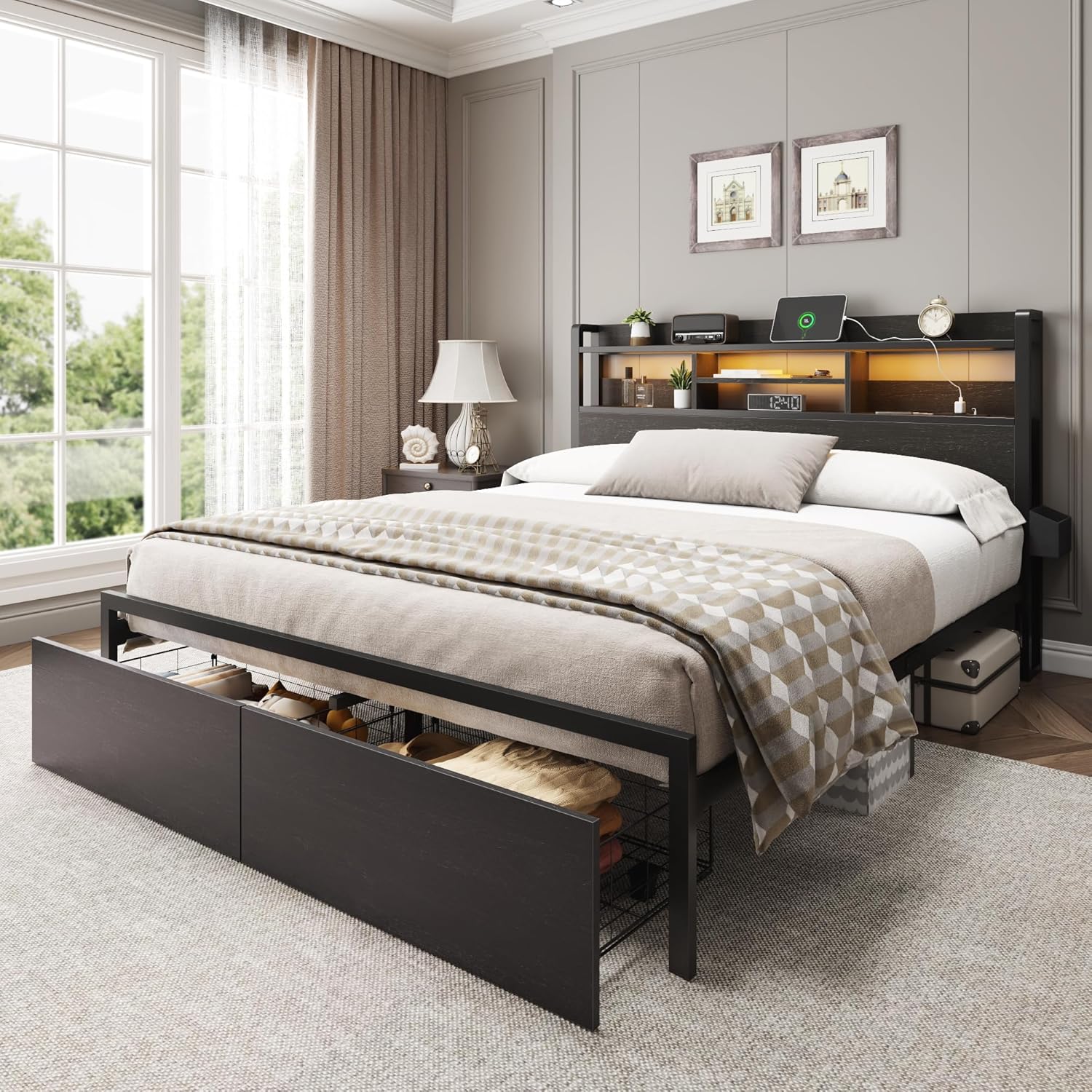 Furnulem Queen Bed Frame with Wood Headboard and Storage Shelf Metal Platform Bed Frame Queen Size with Storage Drawers No Box Spring Needed Black