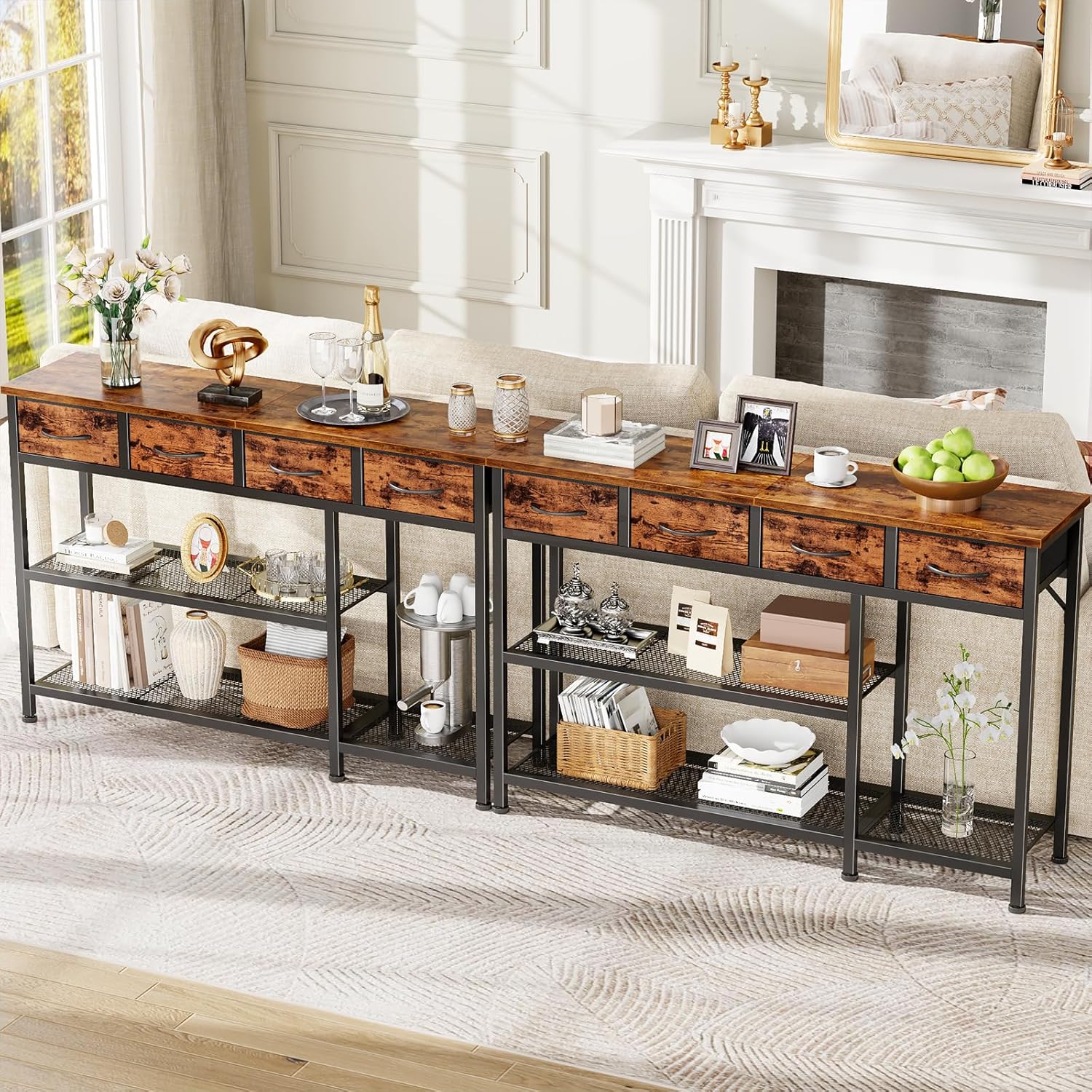 Furnulem 47” Entryway Table with 4 Fabric Drawers, Rustic Console Table with Metal Mesh Shelf, Sofa Table for Hallway, Foyer, Front Door