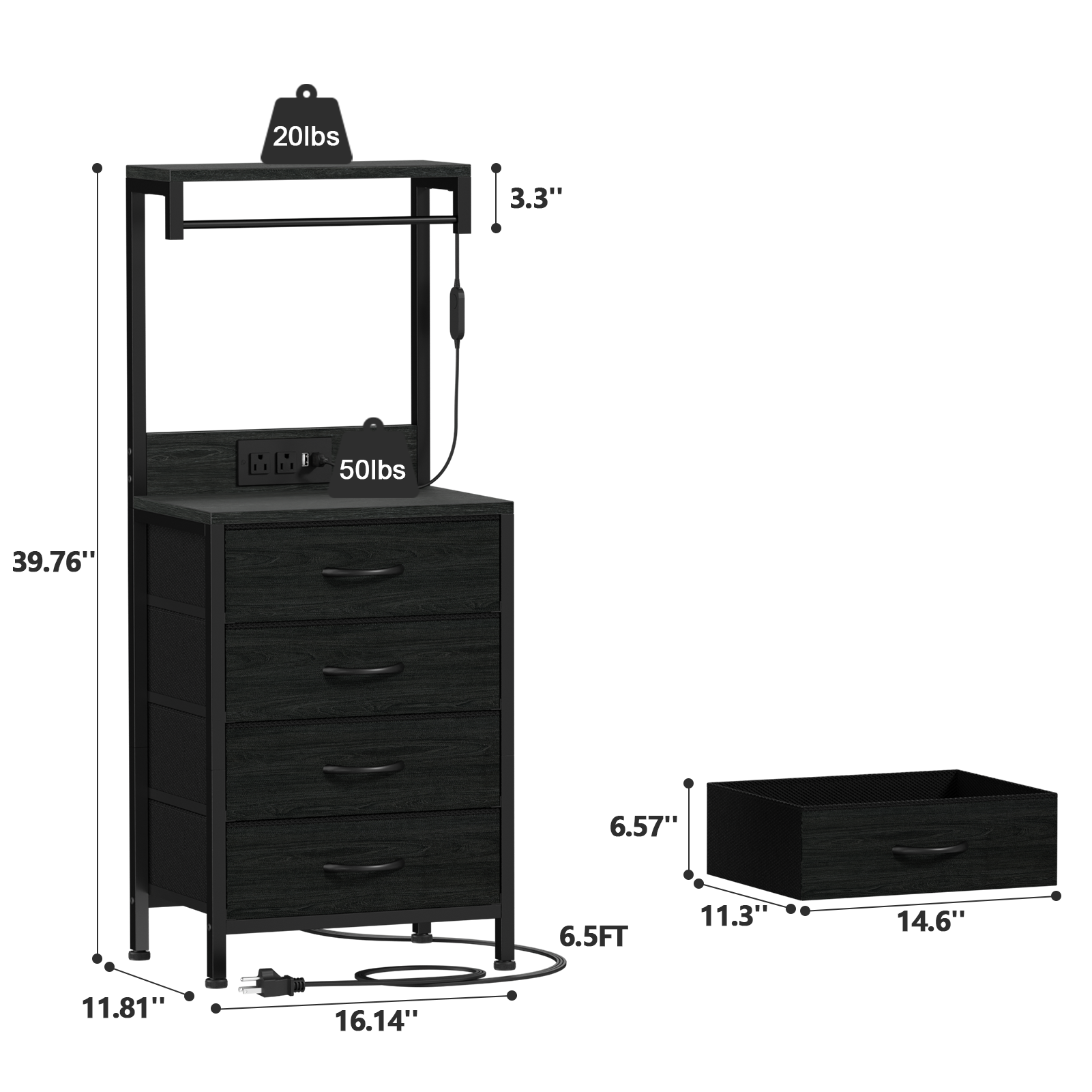Tall Black Oak Nightstand 4 Fabric Drawers Storage Shelves Modern Bedside Side End Table Narrow Accent Organizer for Small Space Bedroom Living Room