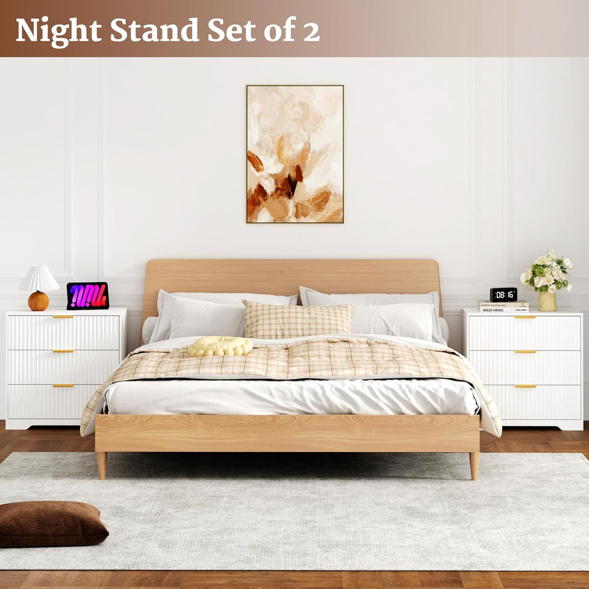 27-in Wide Fluted Night Stand 3 Drawers Large End Table with Storage White Nightstand Wood Bedside Tables Farmhouse Cabinet Dresser for Bedroom Closet