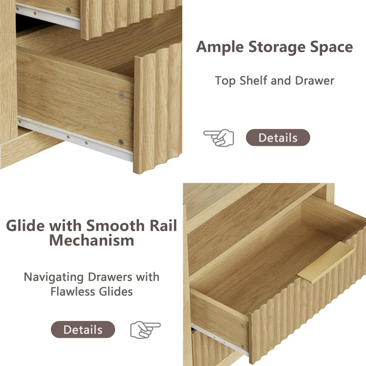 Furnulem Fluted Night Stand with Charging Station 2 Drawer Light Wood nightstand Bedside Table Night Stand for Bedroom End Table for Living Room