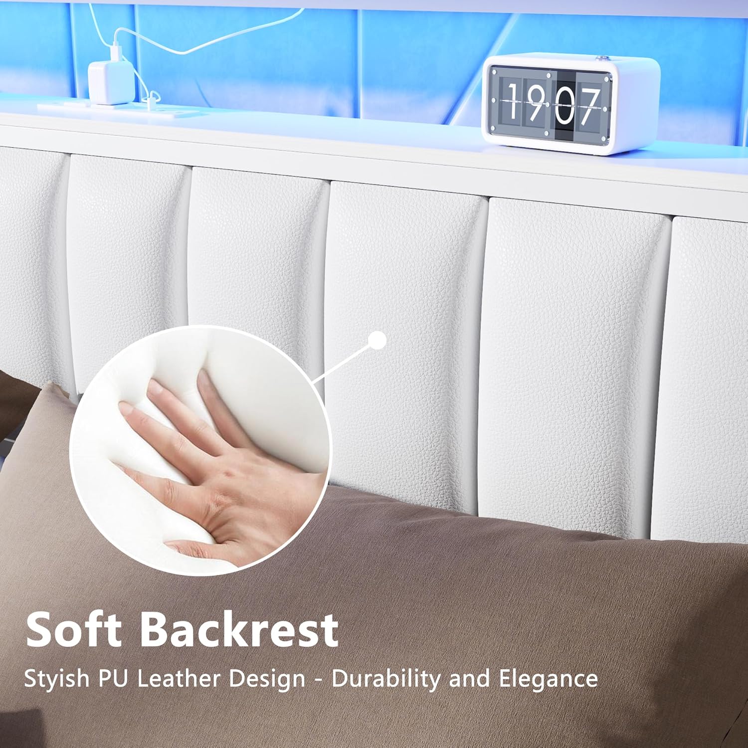 Furnulem White Queen Bed Frame with Charging Station Led Lights Pu Leather Upholstered Headboard W/ 2-Tier Storage Shelves No Box Spring Needed