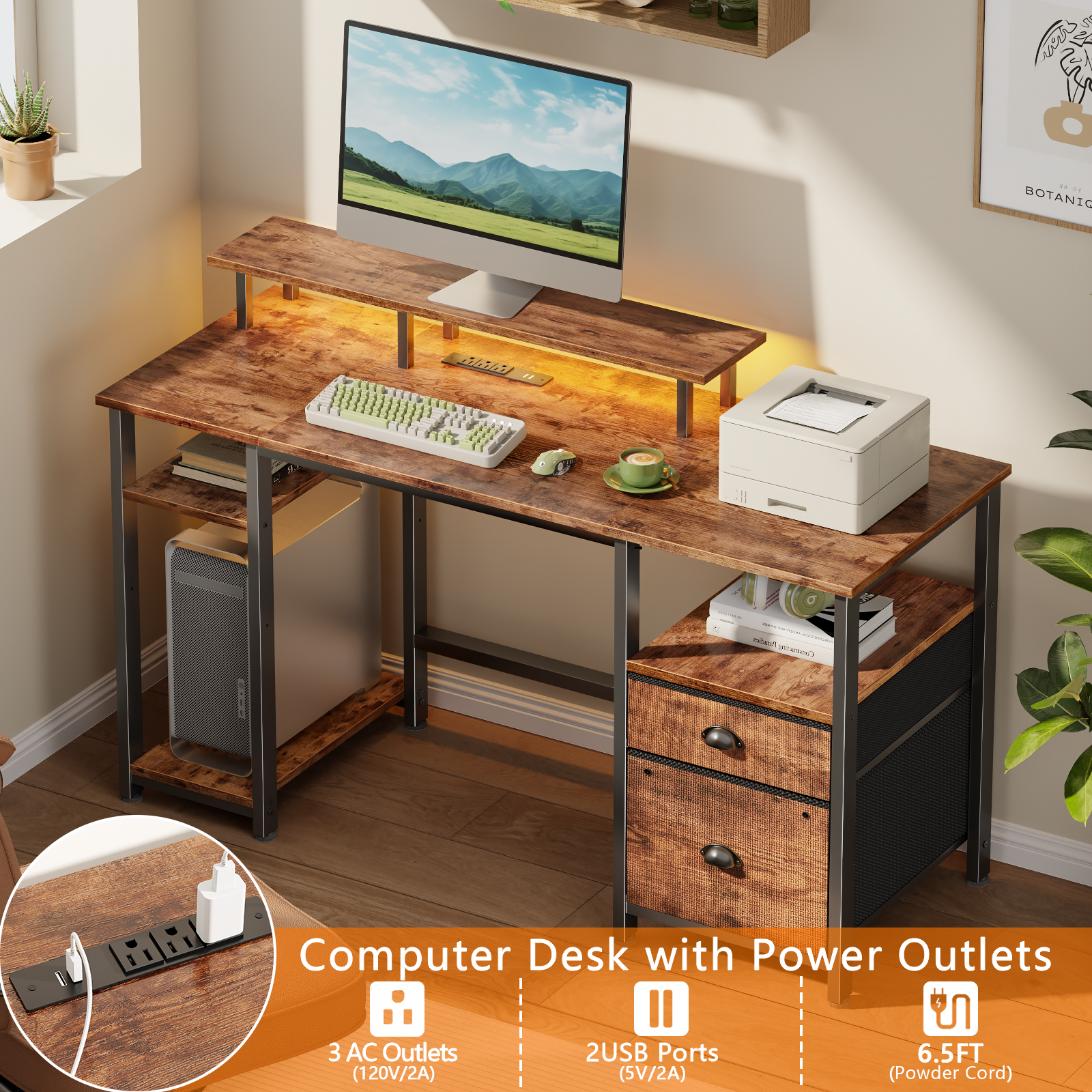 Brown 51 Inches Reversible Home Office Computer Desk with File Cabinet Monitor Stand Storage Shelves Power Outlets LED Gaming Study Workstation Table