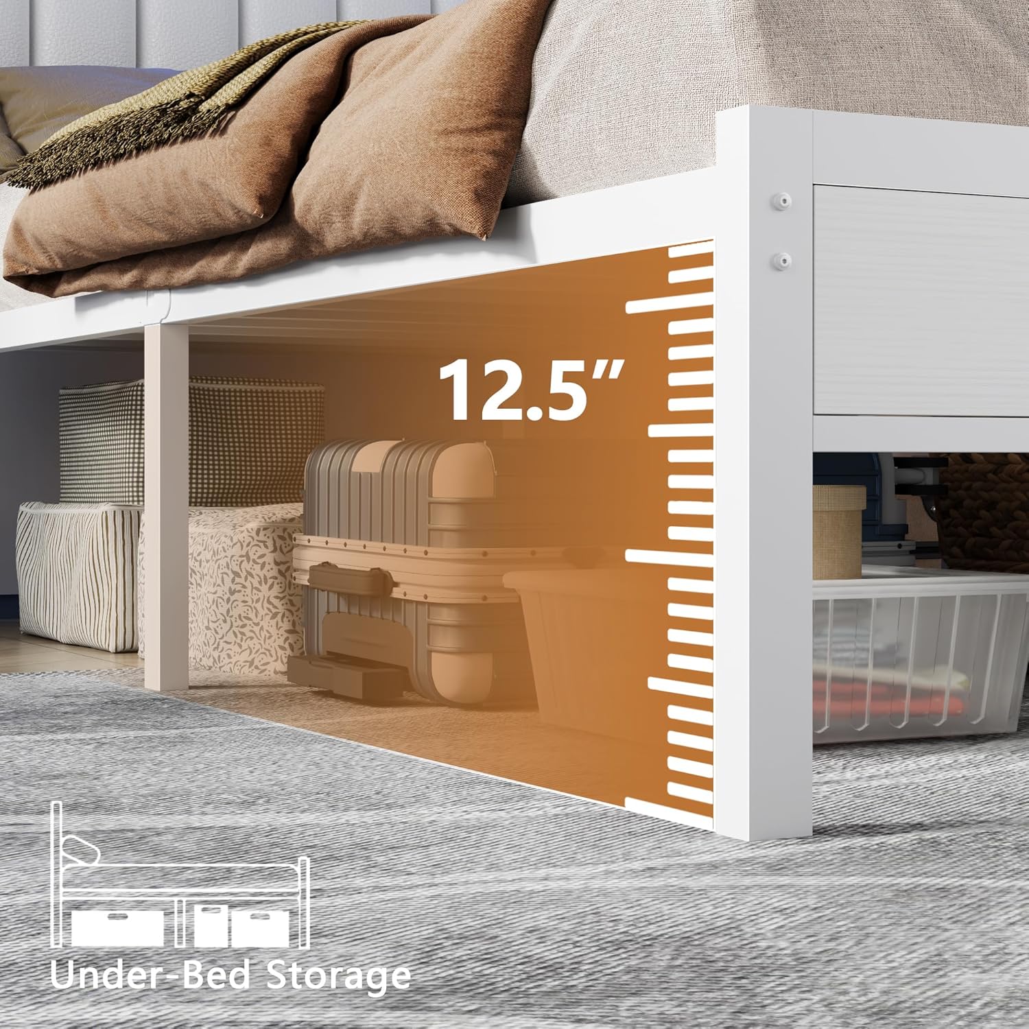 Furnulem White Full Size Bed Frame with Charging Station Led Lights, Pu Leather Upholstered Headboard W/ 2-Tier Storage Shelves No Box Spring Needed