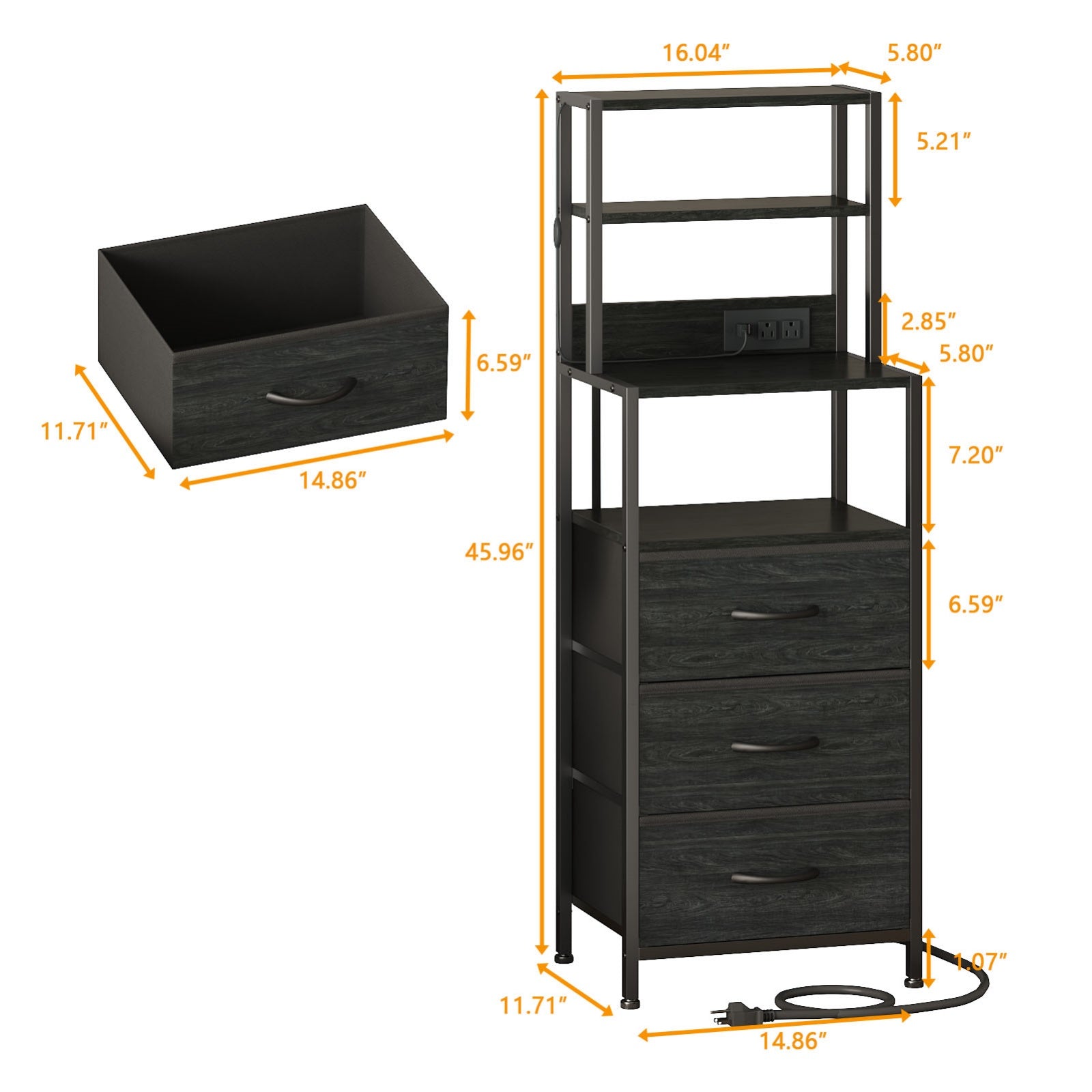 Furnulem Night Stand, Tall Nightstand with 4-Tier Shelves and 3 Fabric Drawers