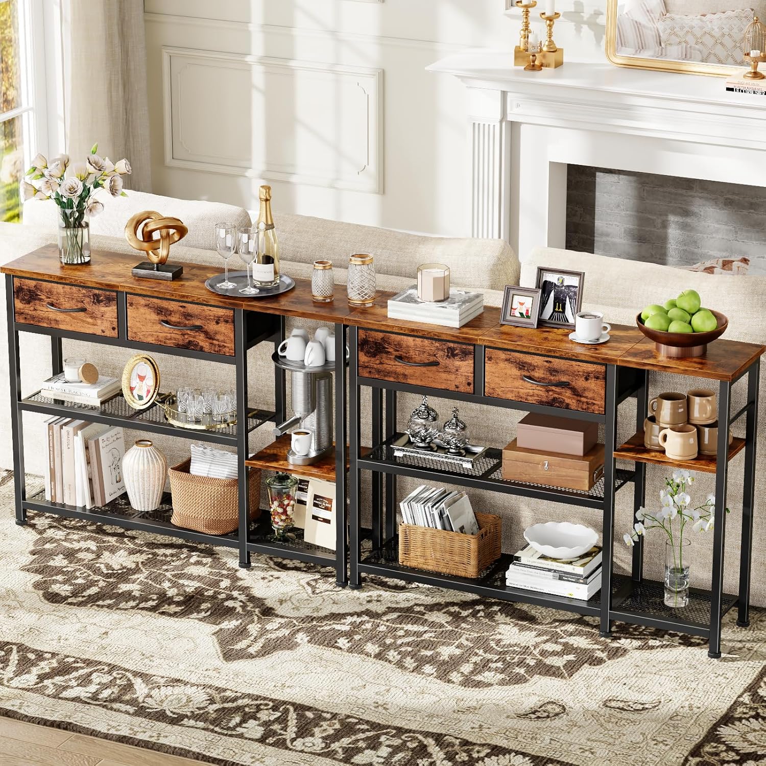Furnulem 44'' Industrial Entryway Table with Drawers & Shoe Rack, Rustic Console Table with Mesh Shelf