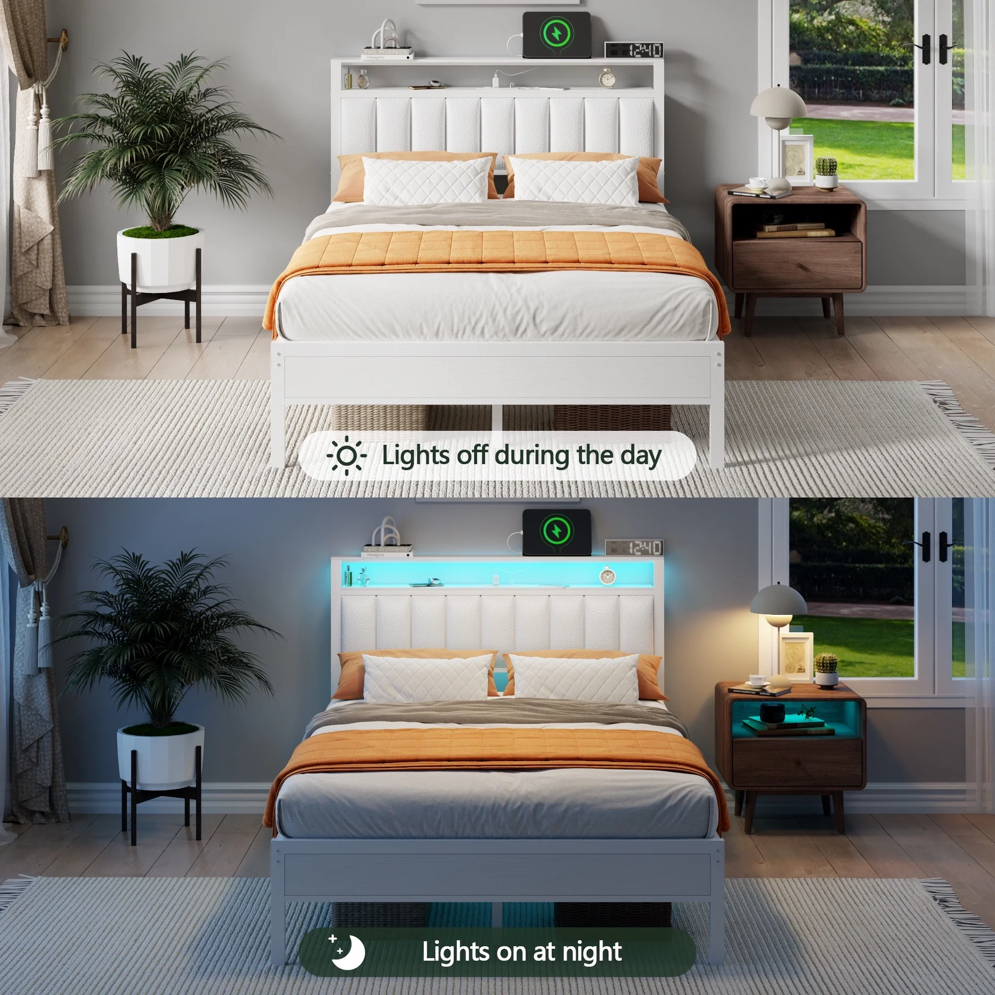 Full Size Bed Frames with LED Lights Charging Station Platform Bed with Metal Slats Headboard with 2-Tier Storage Shelves No Box Spring Needed White