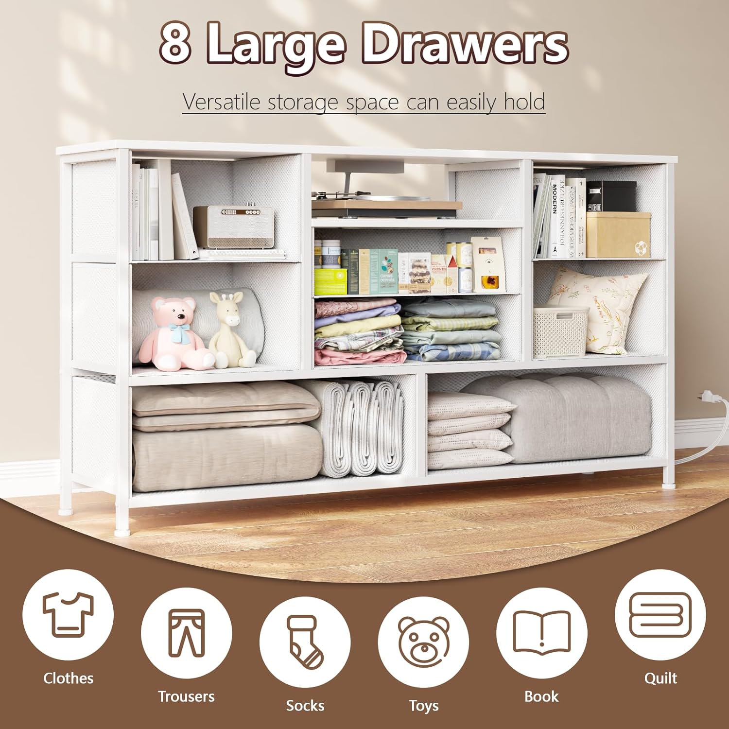 Furnulem 8-Drawer Dresser TV Stand with Power Outlets – Long Storage Cabinet for Bedroom or Living Room