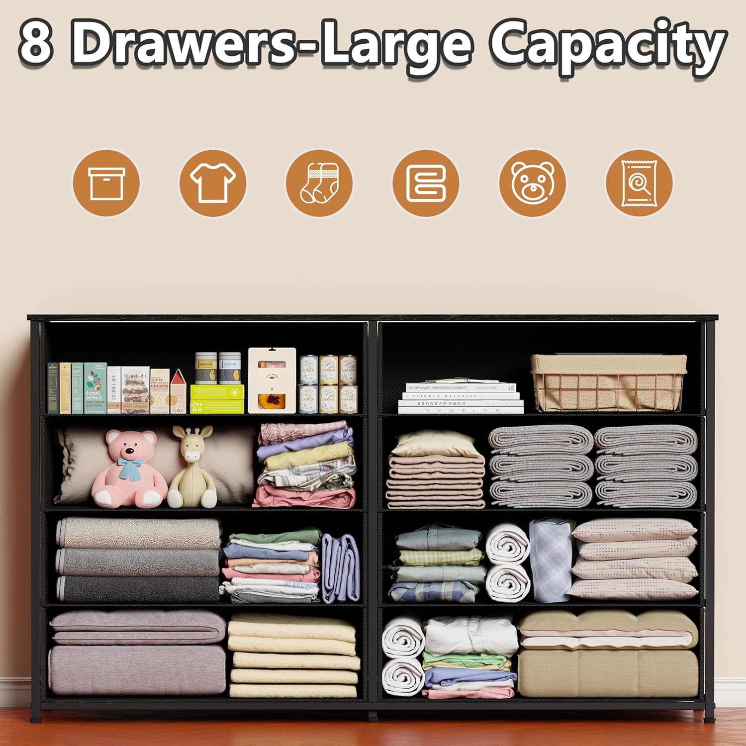 Furnulem Wide Dresser with 8 Fabric Drawers TV Entertainment Center with Storage for 55'' TV Large Chest of Drawers for Bedroom Living Room Entryway