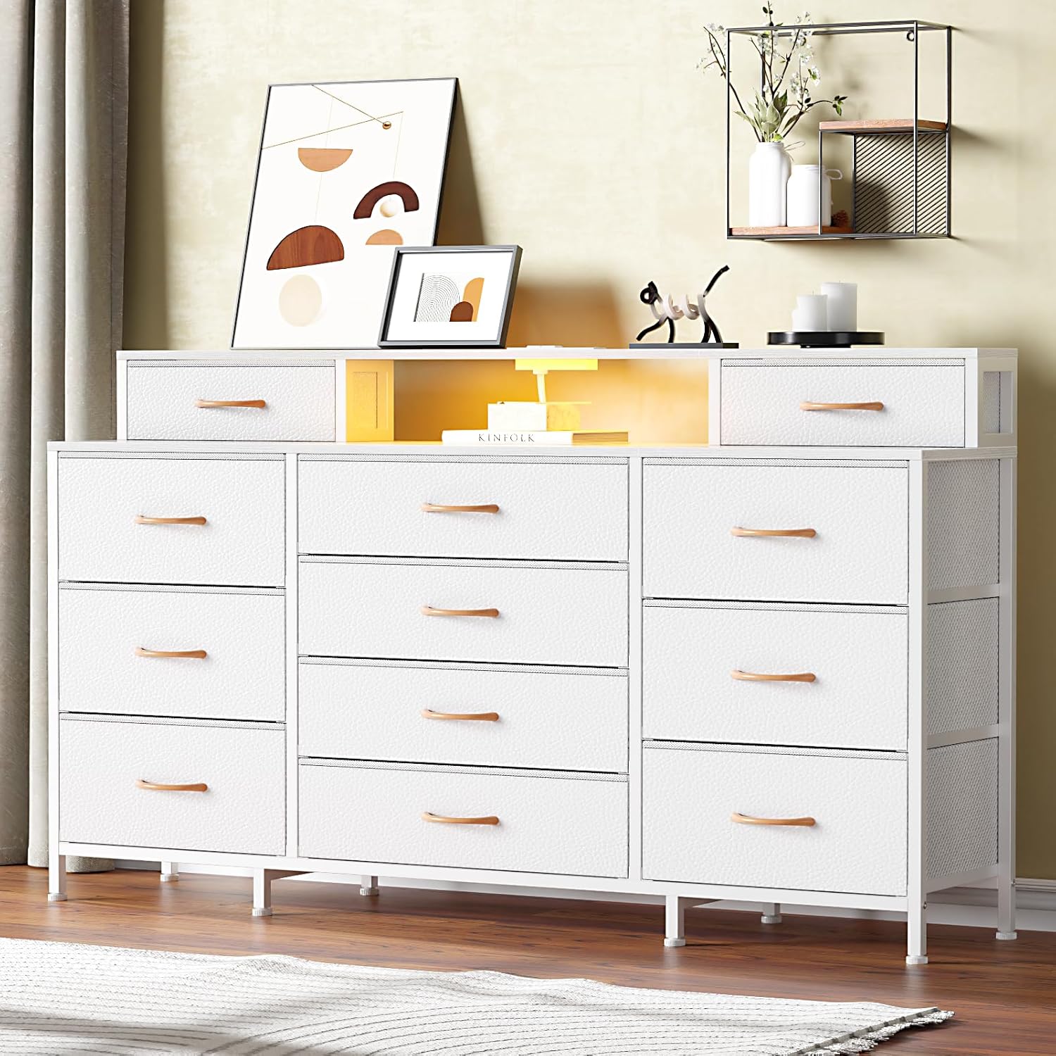 Furnulem 63" Dresser with LED & Outlets – 12 Drawers & 2 Shelves