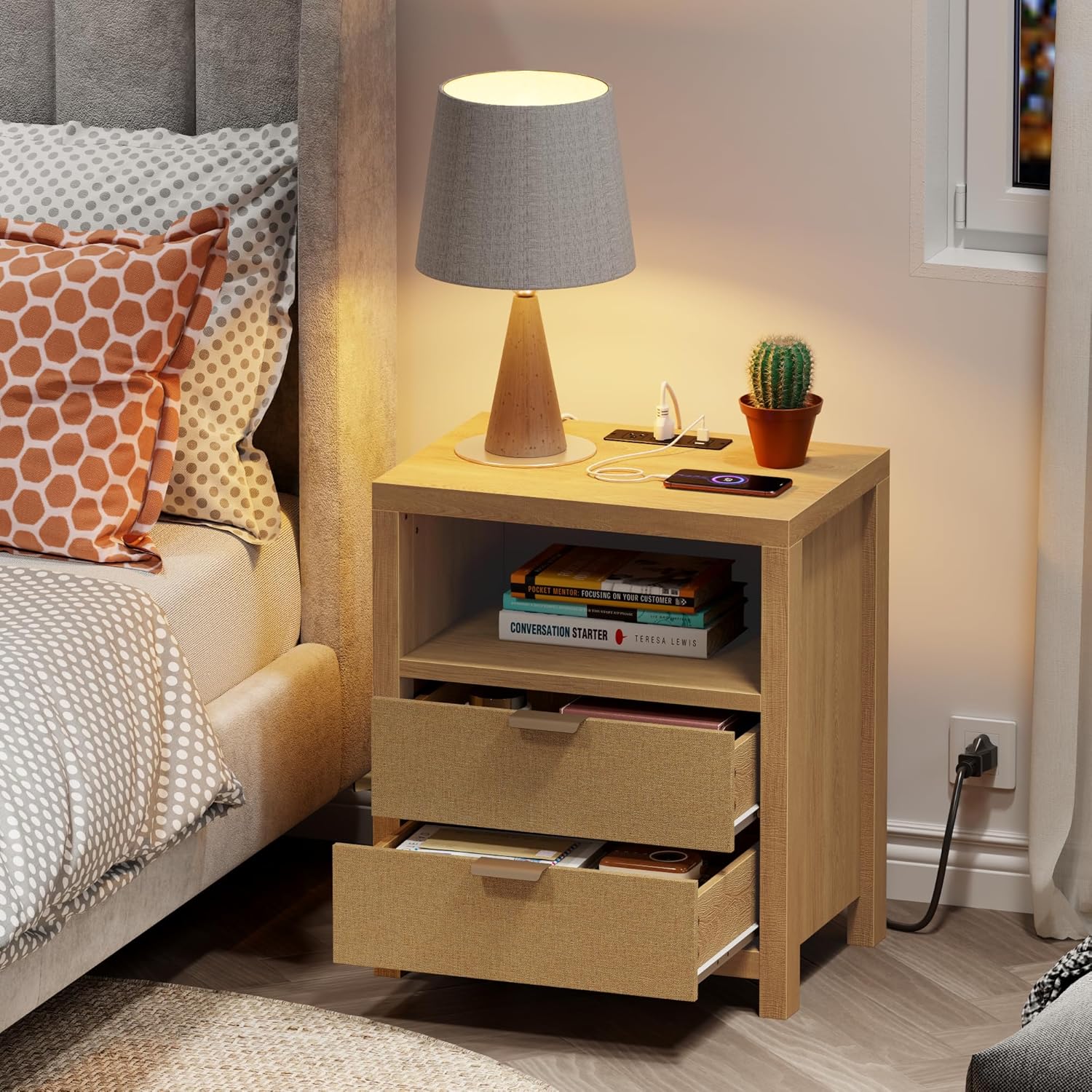 Furnulem Rattan Nightstand with Charging Station – 2-Drawer Boho Bedside Table