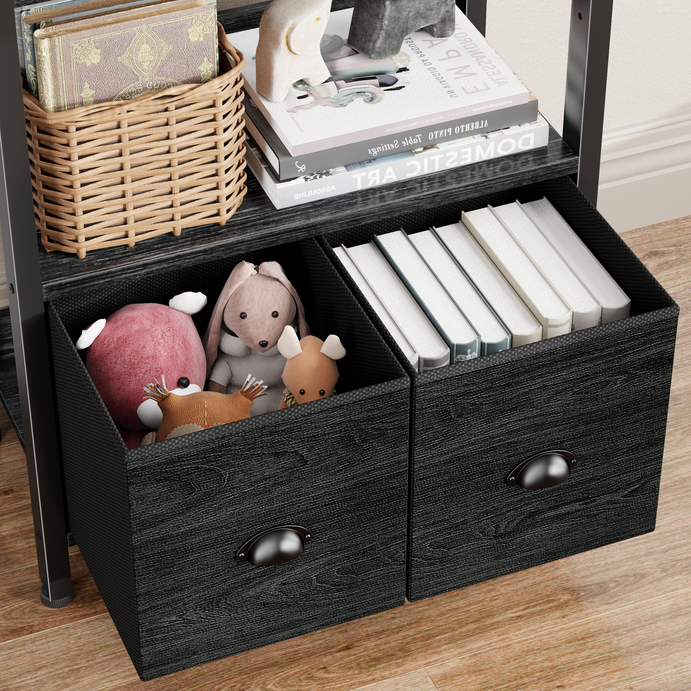 6 Tier Industrial Tall Bookcase with Two Storage Drawers Wood Metal Freestanding Bookshelf Display Organizer Shelf for Home Office Bedroom Black Oak