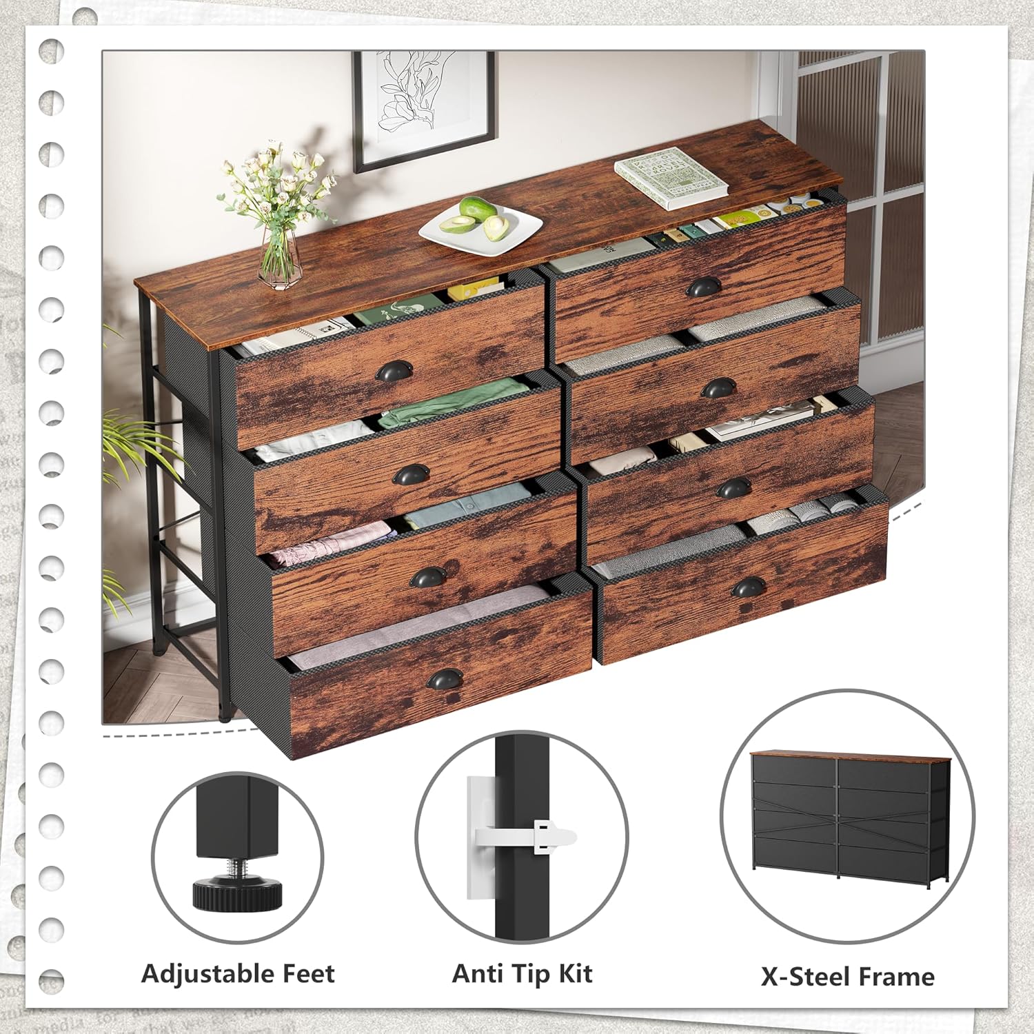 Dresser for Bedroom TV Stand for 55'' TV Wide Storage Drawer Unit with 8 Fabric Bins Double Dresser for Bedroom Office Dorm Closet Entryway Wood Top