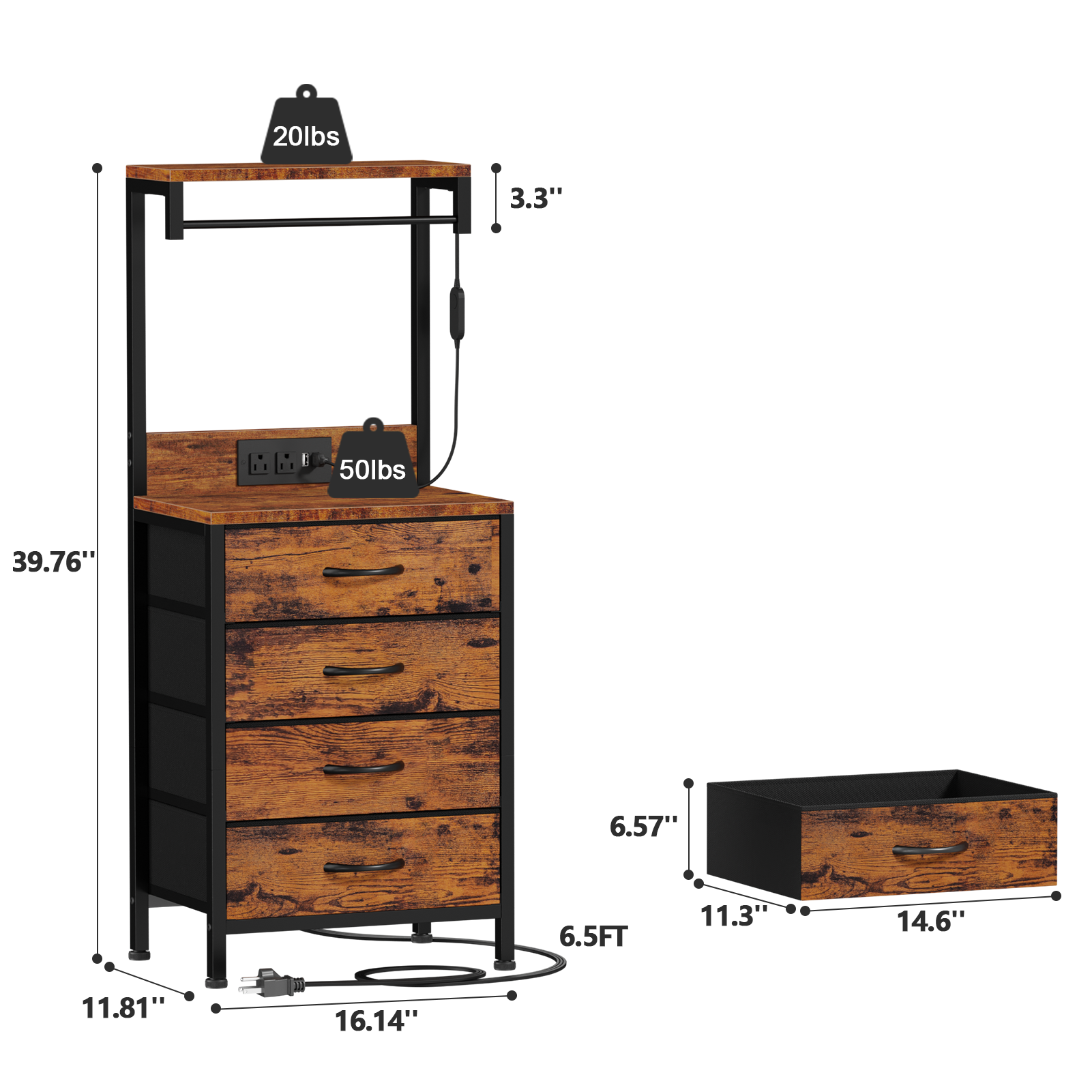 Modern Brown Nightstand with LED Lights Charging Station USB Ports 4 Fabric Drawers 4 Tier Storage Shelves Tall Bedside Side End Table Organizer