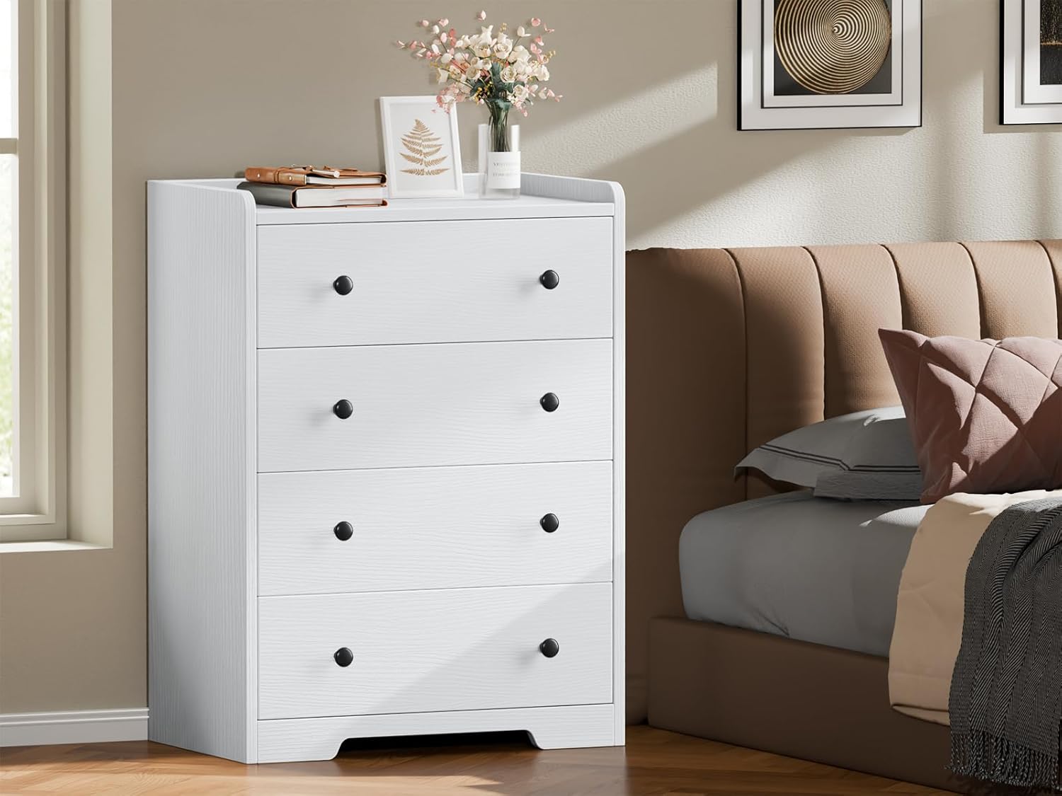 Furnulem White 4-Drawer Dresser – Wood Storage Chest for Bedroom, Living Room, or Hallway