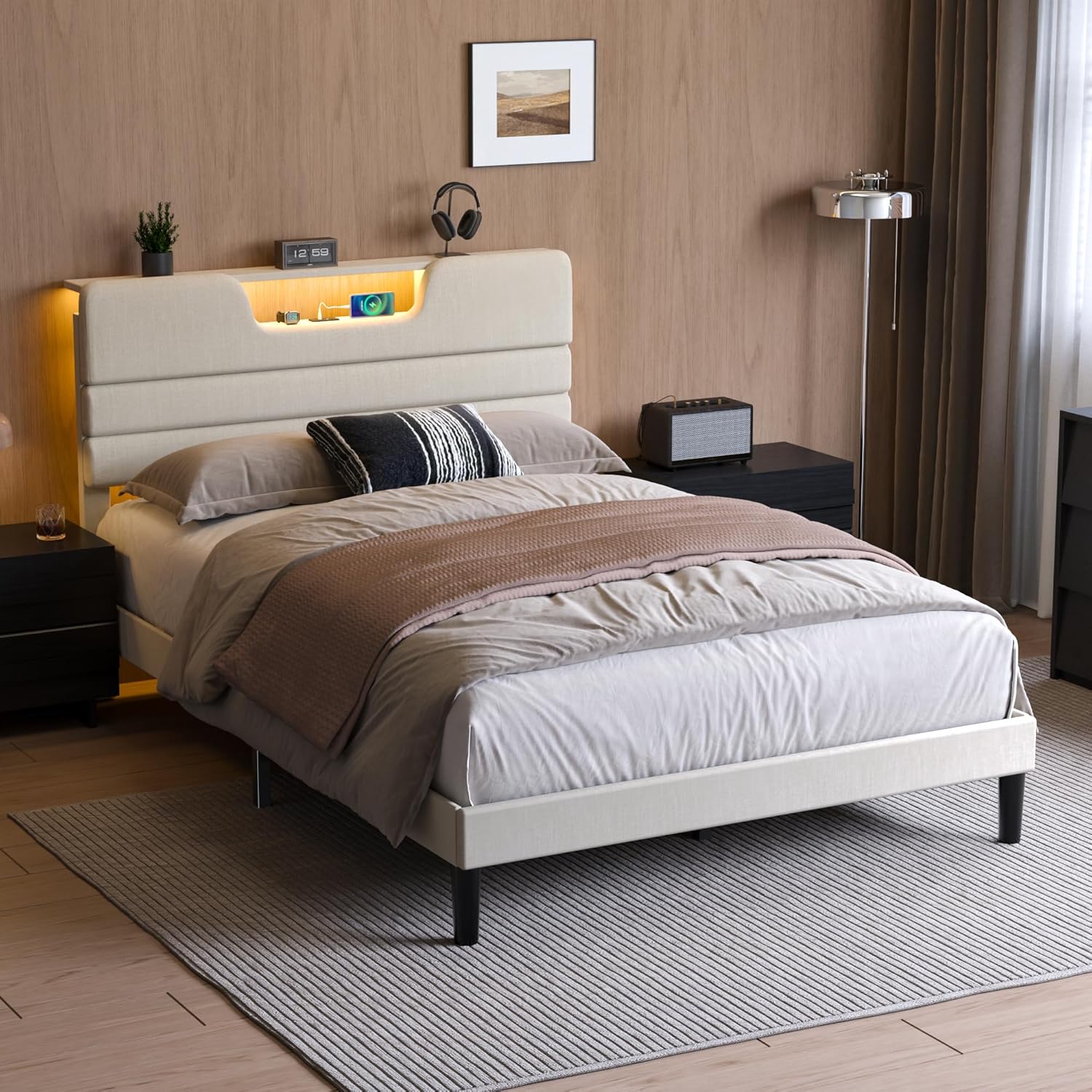 Full Bed Frame with LED Lights, Headboard with Charging Station Upholstered Platform Bedframe Metal Support No Box Spring Needed 2-Tier Storage