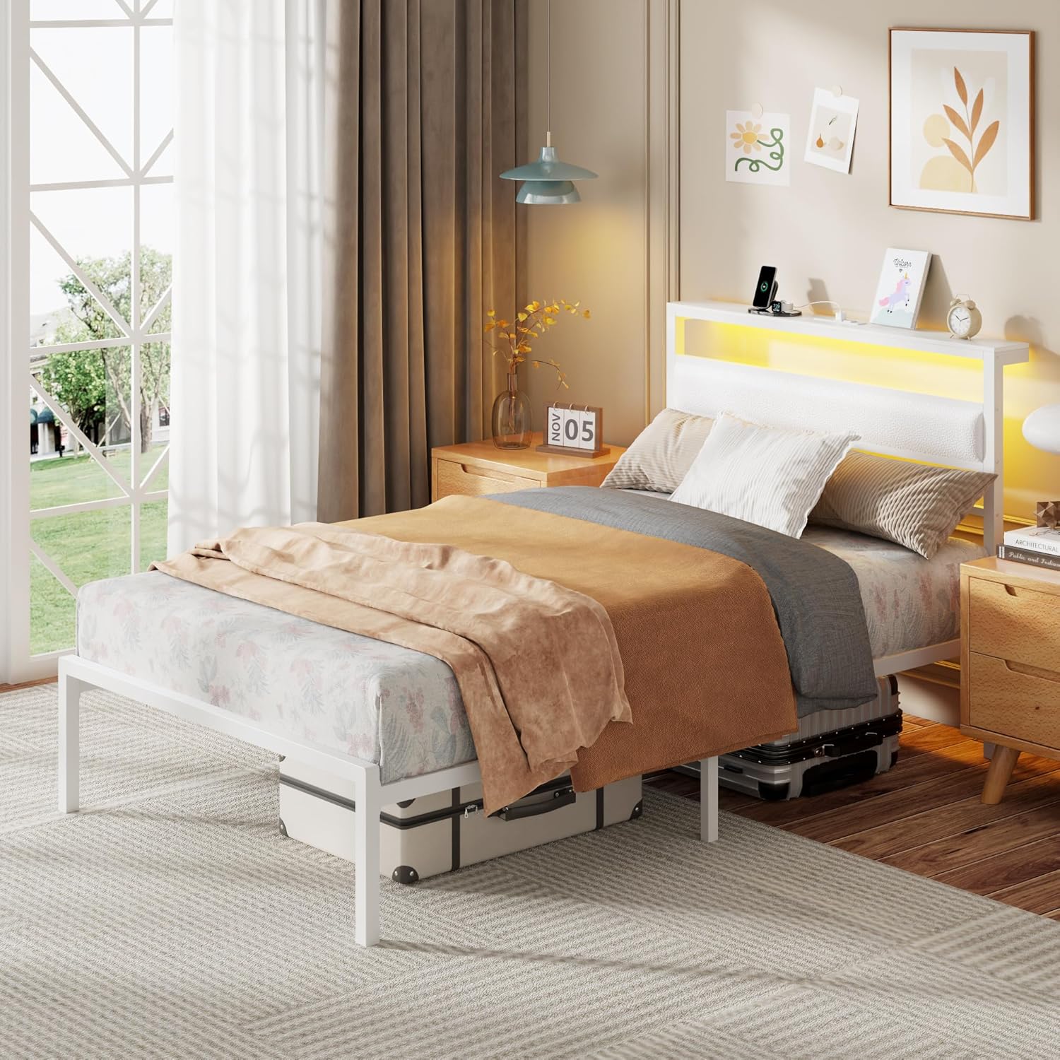 Qwatto Twin Size Bed Frame Kids White Leather Upholstered Bed LED Lights Charging Station Storage Headboard Metal Platform Bed Frames No Box Springs