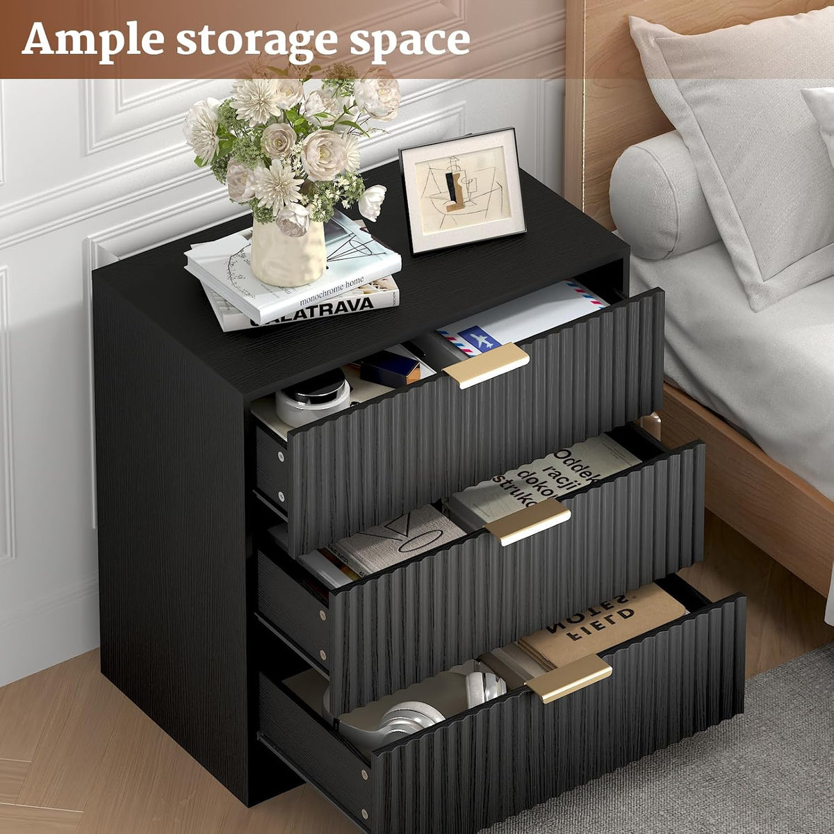 Black 3 Drawer Nightstand Fluted Wood Bedside Table Modern Storage Cabinet Wide Bedroom Dresser Accent Furniture Large 27 Inch Chest Organizer