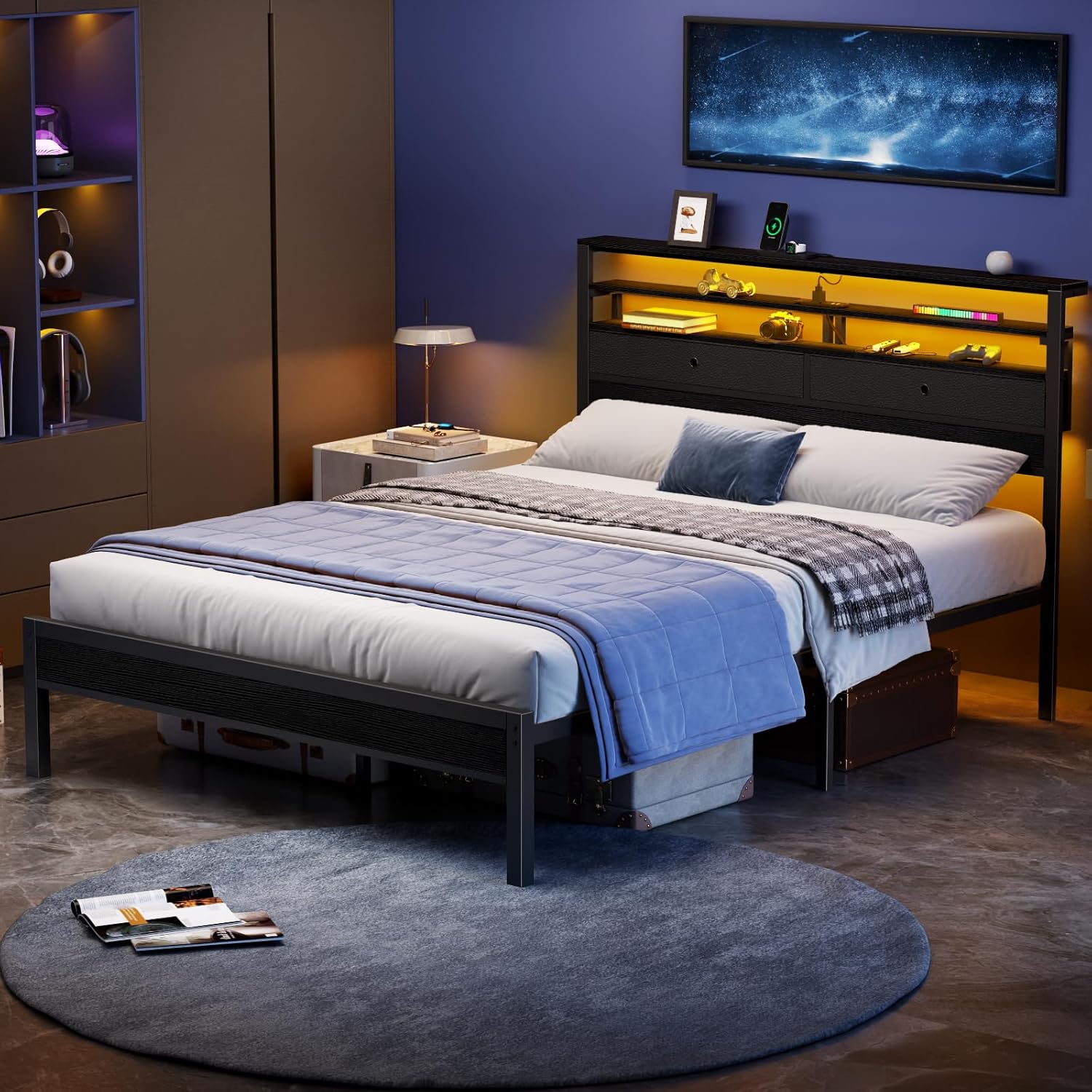Furnulem Queen Bed Frame with Headboard 2 Fabric Drawers Bed Frame Featuring LED Lights Built-in Charging Station Storage No Box Spring Needed