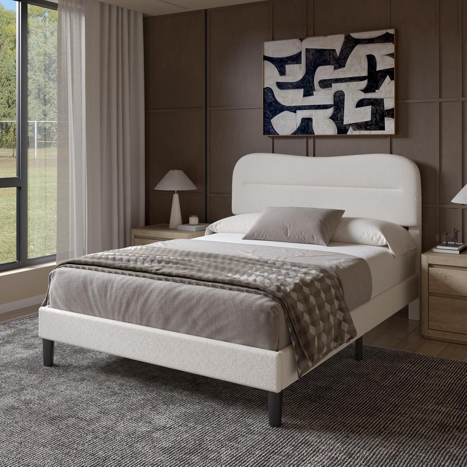 Full Size Bed Frame with Headboard Teddy Soft Boucle Fabric Bed Frame Full Soft Cloud Marshmallow Shape Upholstered Headboard No Box Spring Needed