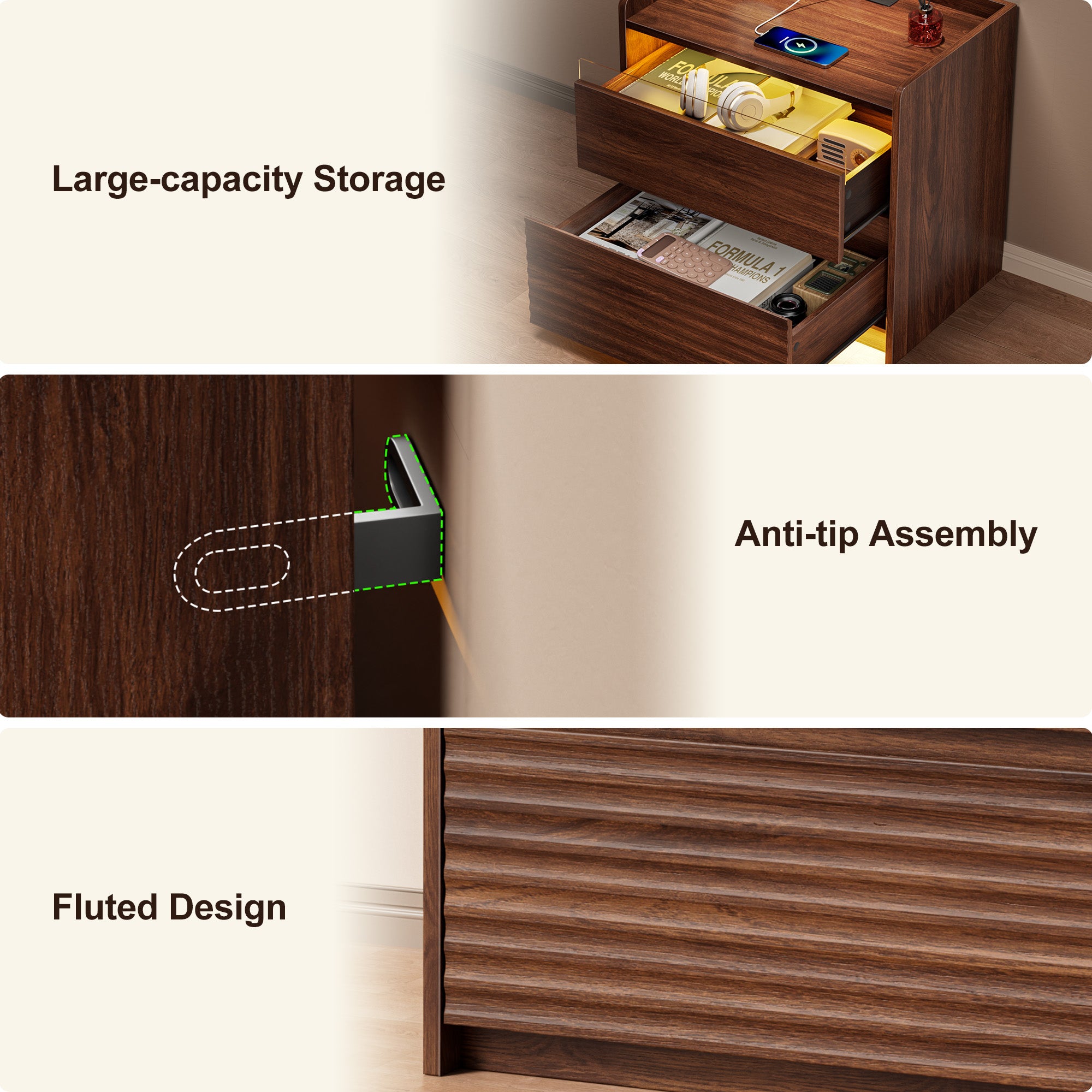 Qwatto Fluted Bedside Nightstand with Charging Station LED Light 2 Drawer Storage Cabinet Walnut Modern Side Table Bedroom Storage Cabinet