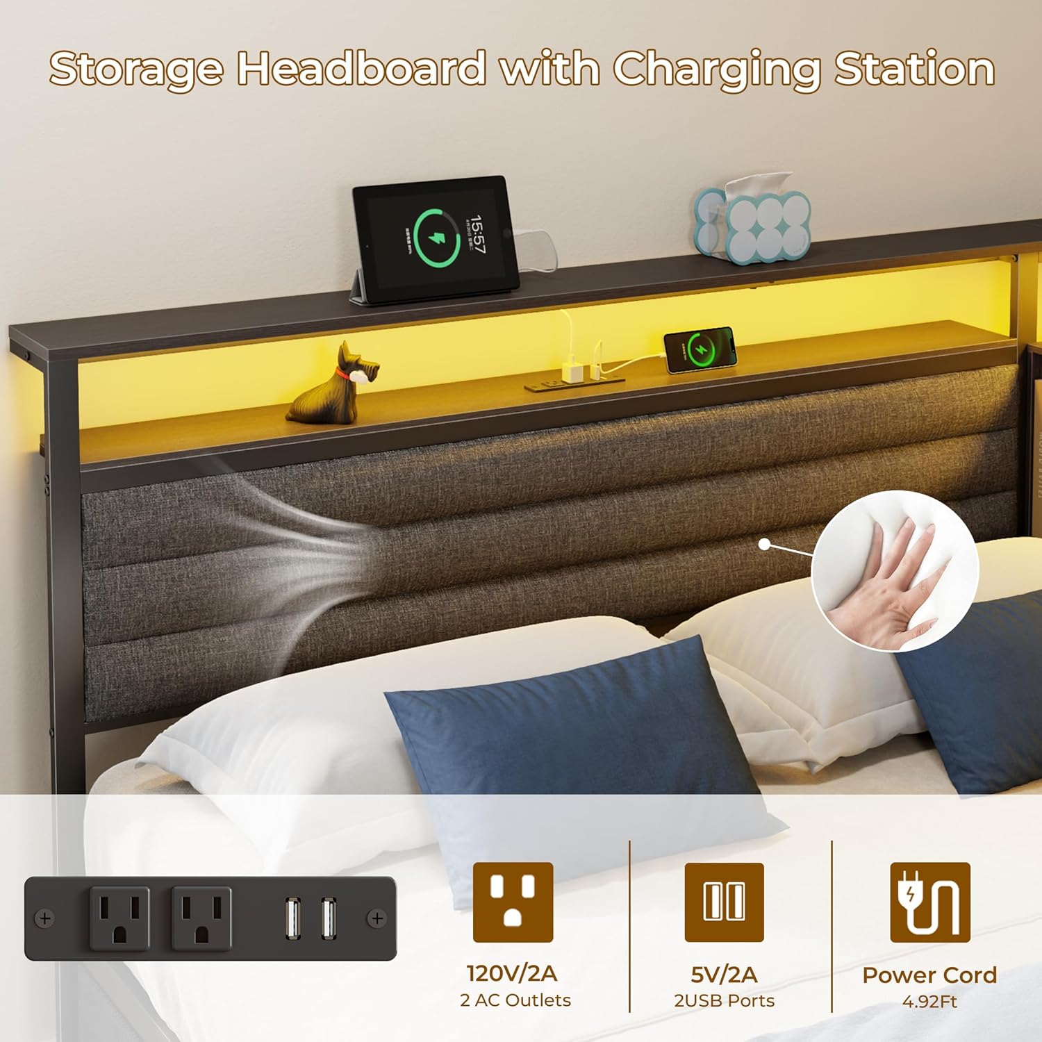 Furnulem Full Size Bed Frame with Headboard and Storage Drawers Full Metal Platform Corner Bed Frame with Charging Station and LED Lights