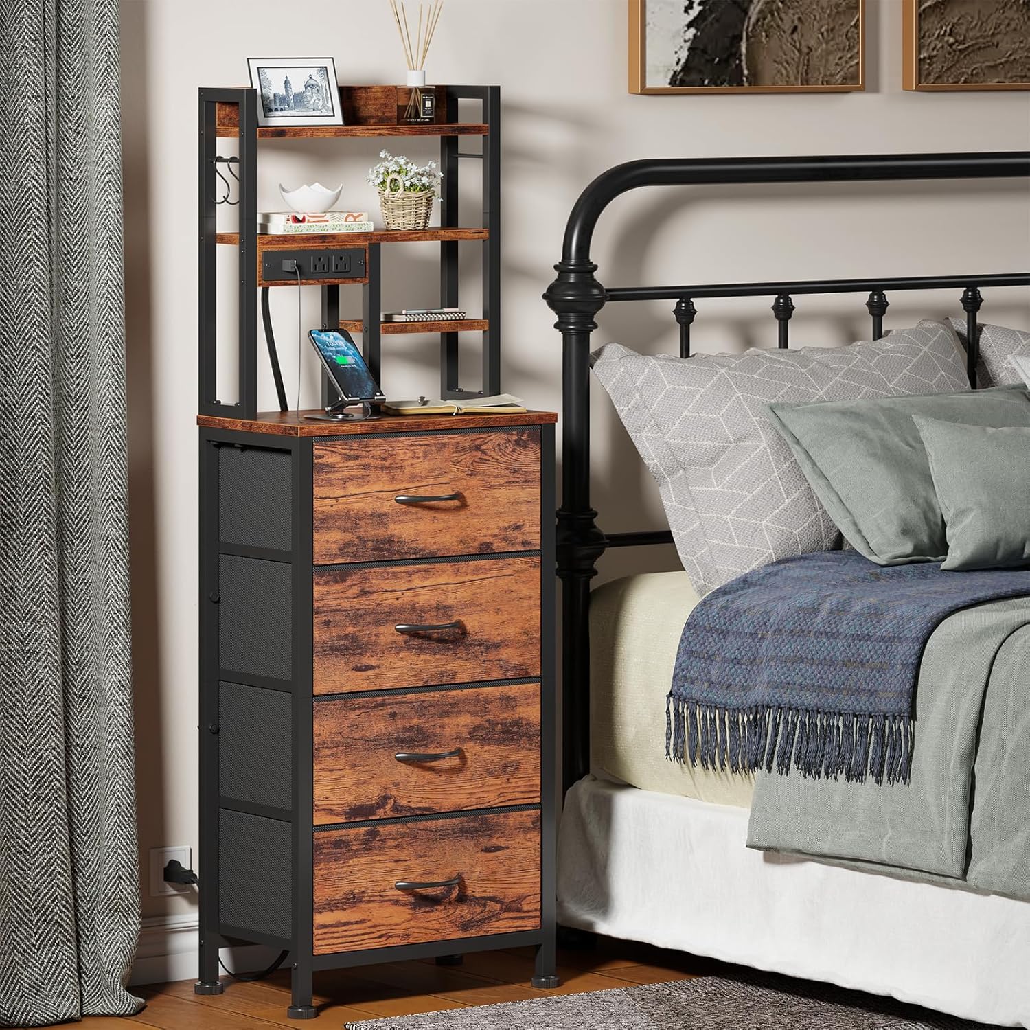 Qwatto Bedside Table with Charging Station and USB Port 4 Drawer Tall Nightstand with Shelves for Bedroom Dorm Wood Metal End Table Brown Finish